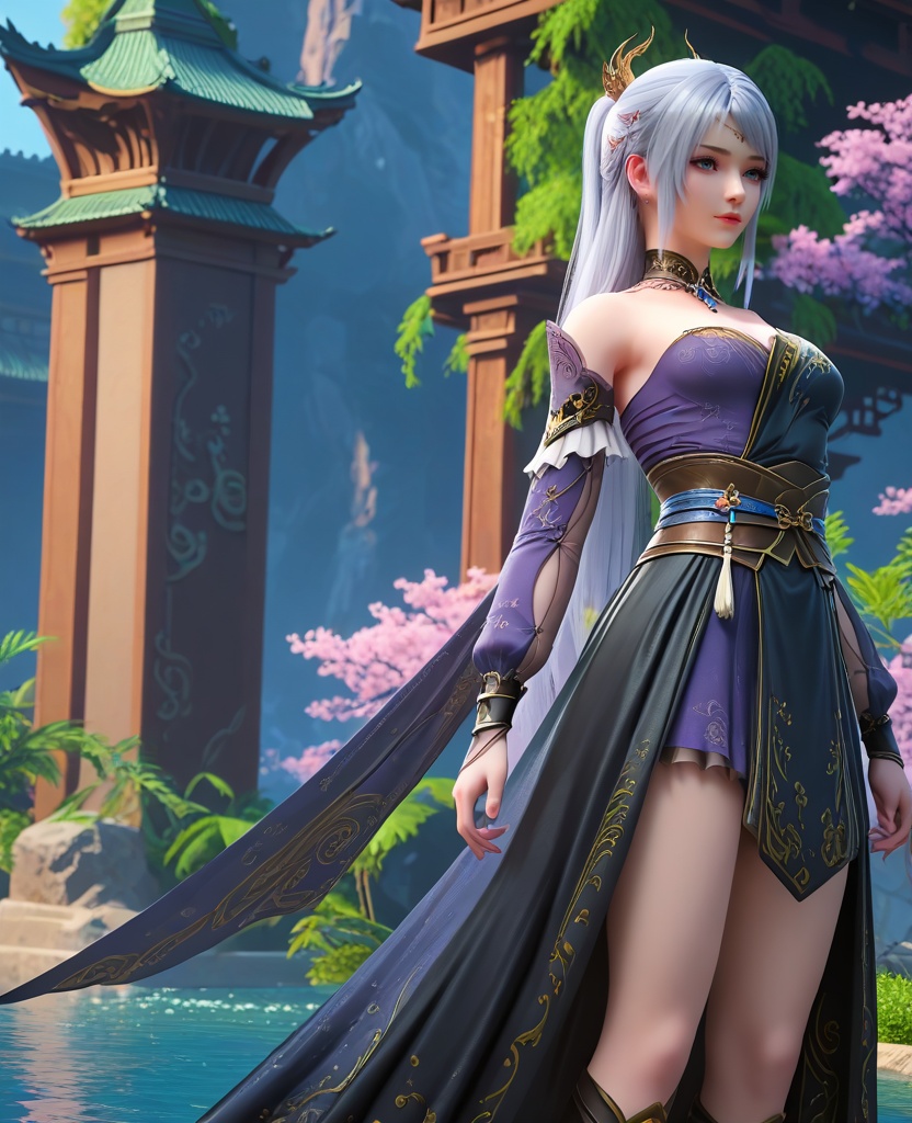 (oriental architecture, elegant decor, sophisticated style:1.1),swimming,(breasts:1.2),<lora:XL16大主宰洛璃:0.95>,miss luoli,purple short dress paired with black peplum overskirt,blue eyes,white hair,long hair,half-up ponytail with long cascading hair,hair ornament,detached collar,jewelry,sash,black high heel boots,, zPDXL2, score_9, score_8_up, score_7_up BREAK realistic, masterpiece,best quality, highly detailed,, zPDXL3, zPDXL2,zPDXL, zPDXLxxx, zPDXLrl,