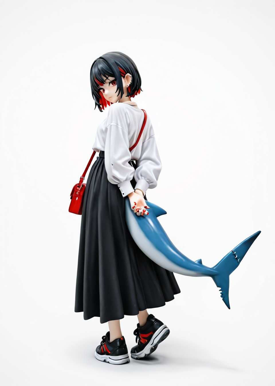 1girl, solo, fish tail, tail, black hair, multicolored hair, shark tail, colored inner hair, fins, white background, full body, short hair, looking at viewer, black footwear, shoes, simple background, red eyes, bag, piercing, two-tone hair, red hair, long skirt, red nails, skirt, arms behind back, long sleeves, ear piercing, nail polish, sneakers