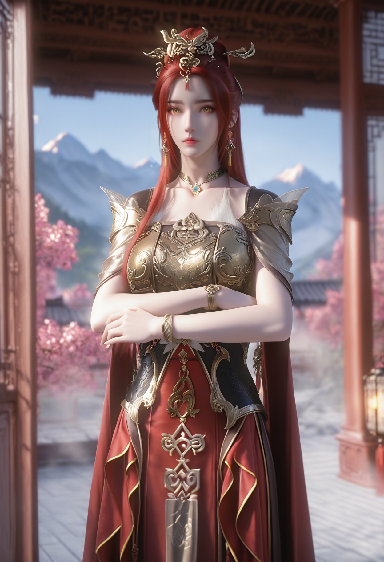 Manzhu_shahua,1girl,jewelry,red hair,earrings,long hair,hair ornament,blurry background,yellow eyes,bracelet,necklace,<lora:Manzhu_shahua_10_illu-000004:0.75>,red dress,cape,chinese clothes,armor,photorealistic,hyperrealistic,<lora:realistic filter [IL]:1>,(pale skin:0.8),looking at viewer,standing,crossed arms, lantern,open window,looking at viewer,indoors,mountains,blossoms,flowers,east asian architecture,beautiful sunrise,warm ambient temperature,