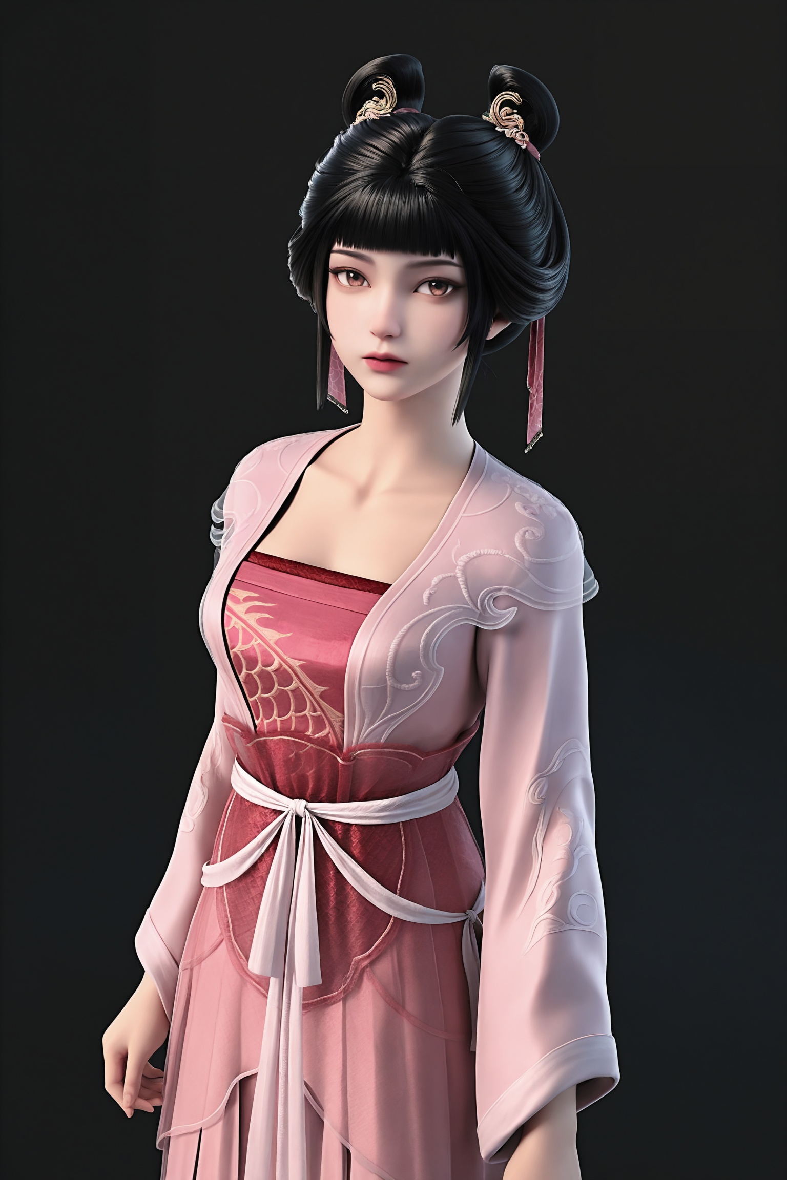 black background,standing,looking at viewer,1girl,zhg\(jl\),hair rings,hair ornament,black hair,hair bun,double bun, brown eyes, blunt bangs,ribbon, chinese clothes,pink dress,hanfu,long sleeves,jewelry,
