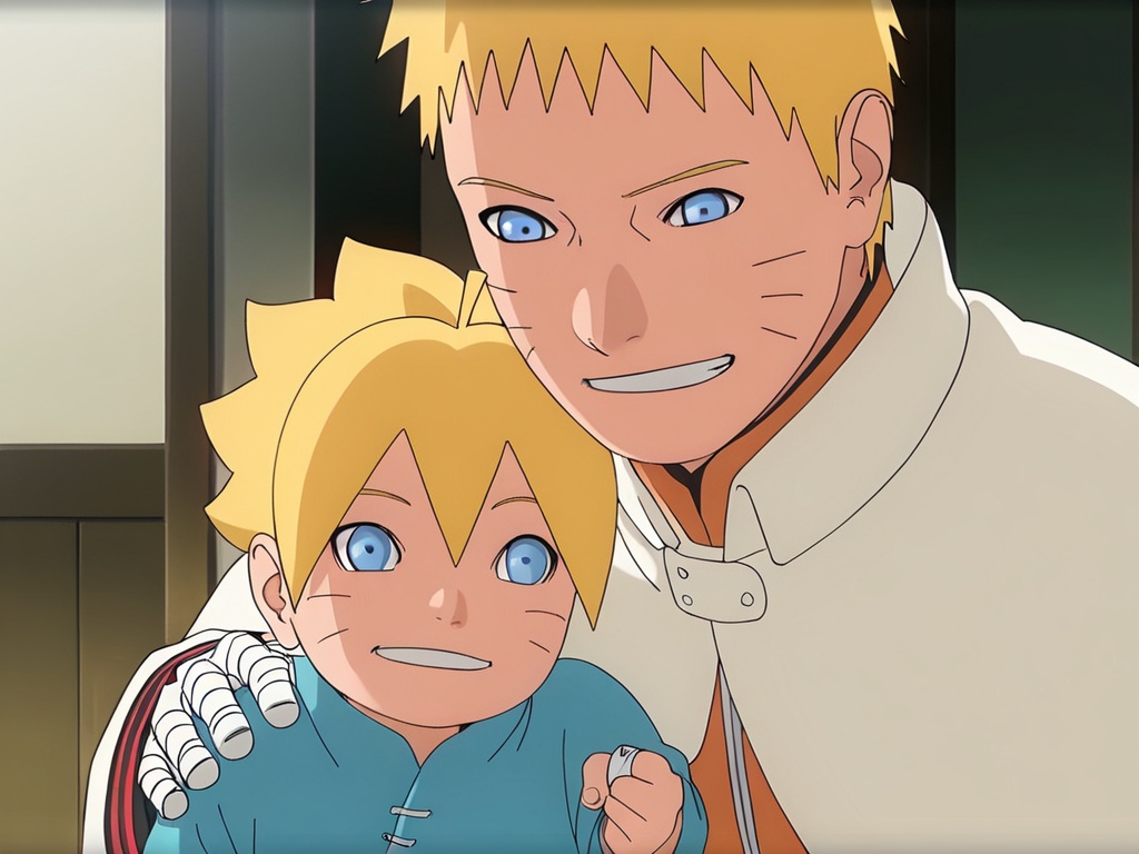 <lora:Naruto_XL:1>,masterpiece,best detail,best quality,ninja village,male focus,1boy,uzumaki boruto,(toddler:1.3),blonde hair,short hair,dark blue eyes,2facial stripes,correct eyes,smile,perfect hands,5fingers,correct anatomy,1man,uzumaki naruto,*****,(man has white cloak covering the whole body:1),(uzumaki naruto with bandages on his right hand:1.1),upper_body,height difference,focus on characters,father and son,looking_at_screen,realistic,available light,huge filesize,