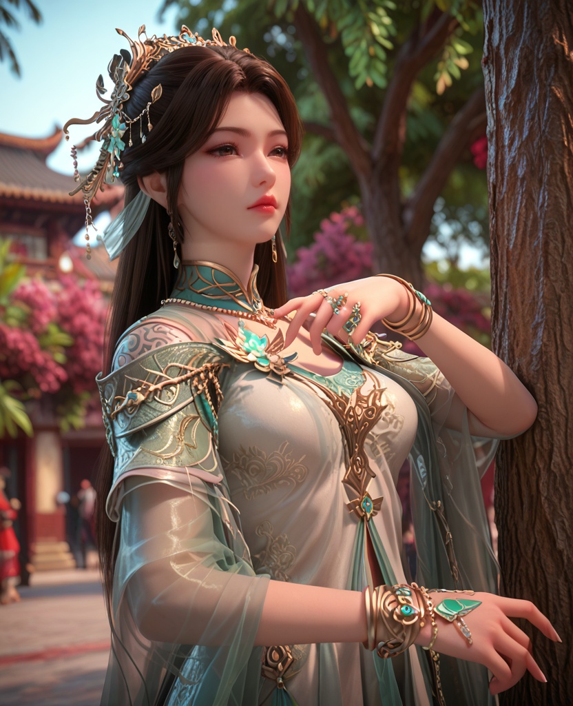 (oriental architecture, elegant decor, sophisticated style:1.1),(Resting against a tree, eyes closed, showing a moment of peaceful relaxation in nature,:1.1),(breasts:1.2),<lora:XL百炼成神溪幼琴:0.9>,miss xiyouqin,long hair,flower jewelry,brown hair,hair ornament,dress,earrings,green dress,bracelet,necklace,brown eyes,, zPDXL2, score_9, score_8_up, score_7_up BREAK realistic, masterpiece,best quality, highly detailed,, zPDXL3, zPDXL2,zPDXL, zPDXLxxx, zPDXLrl,