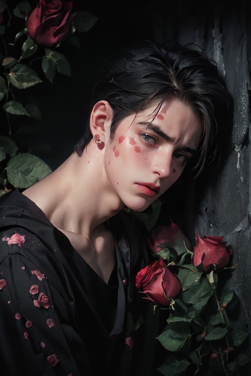 (1 boy:1.8),flower, (photography: 1.6), (masterpiece 1.2), (32k: 1.8), (many roses:1.8), looking at viewer, makeup, red lips, long hair, red flower, petals, (red rose: 1.0), brown Eyes, lips, collarbone, lipstick, there is a red spot on the face, (covered by roses: 1.2), lying on the ground, upper body,(wear black shirt:1.2),Cinematic quality,(There are red spots on the face, covered by roses:1.8),dim light,(melancholy style:1.8),(deep and dark environment:2) <lora:玫瑰少年_1.0:0.7>