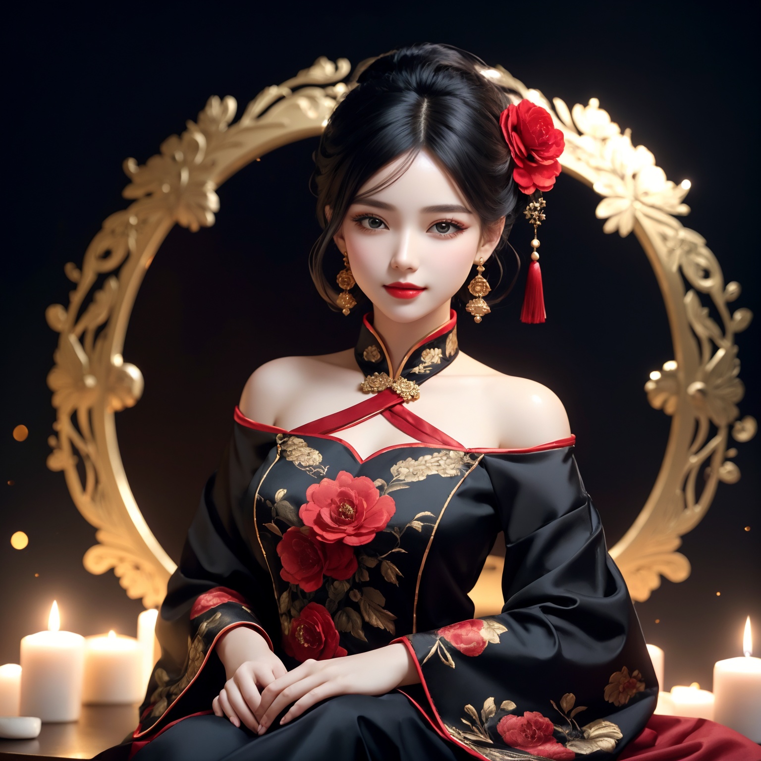 1girl,hair ornament,solo,flower,hair flower,candle,earrings,jewelry,black hair,black eyes,blurry,lips,red lips,looking at viewer,tassel,depth of field,makeup,realistic,(red_clothes:1.3),chinese clothes,floral print,upper body,medium breasts,off-the-shoulder,sitting,smile,High detailed,masterpiece BREAK fine gloss,full length shot,Oil painting texture,(Black Background:1.3),bow-shaped hair,3D,ray tracing,reflection light,anaglyph,motion blur,cinematic lighting,motion lines,Depth of field,ray tracing,sparkle,vignetting,UHD,8K,best quality,textured skin,1080P,ccurate,upper body,