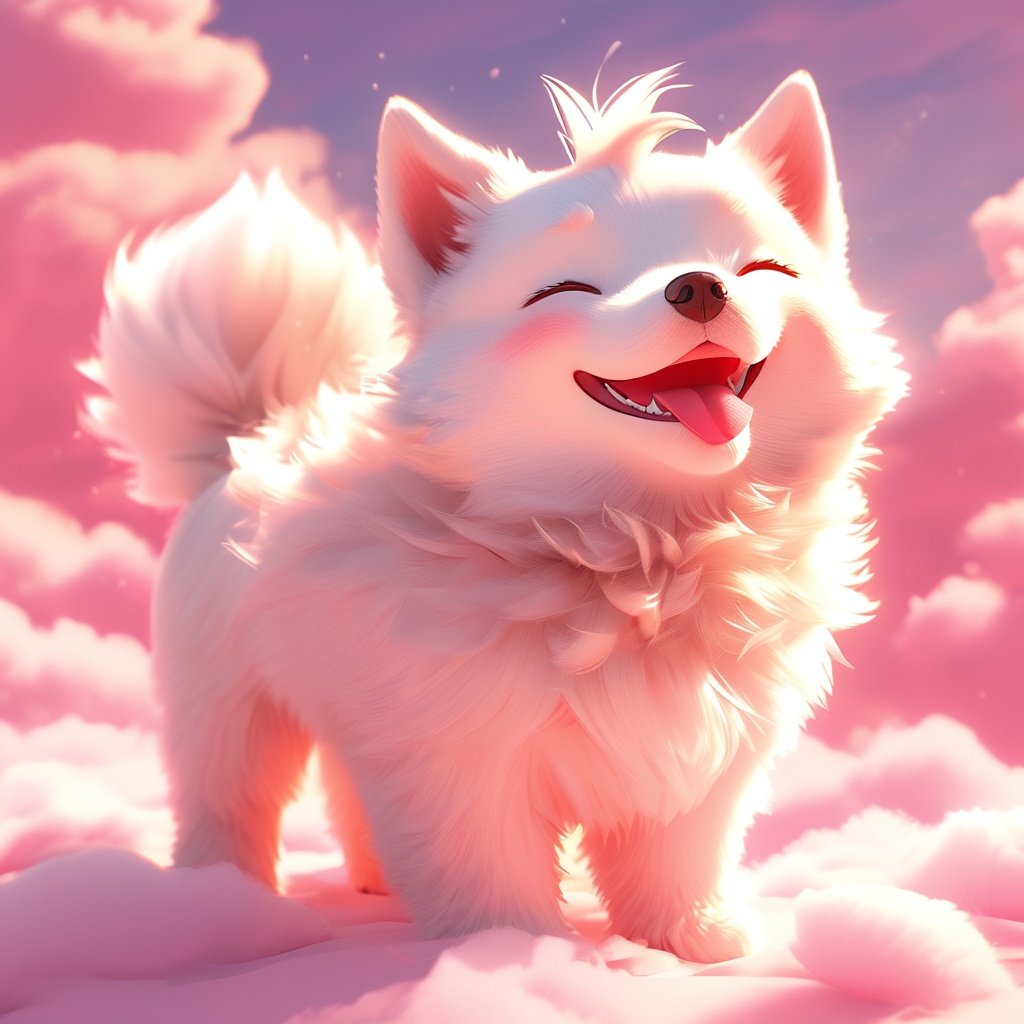 xugou,dog,fluffy,light particles,^ ^,whiskers,cute,warm colors,whimsy and dramatic lighting,white fur,soft lighting,dog focus,no humans,blush,closed eyes,cloud,tongue out,tongue,solo,outdoors,sky,open mouth,fangs,smile,full body,red theme,cloudy sky,teeth,pink theme,<lora:xugou_xl:0.8>,