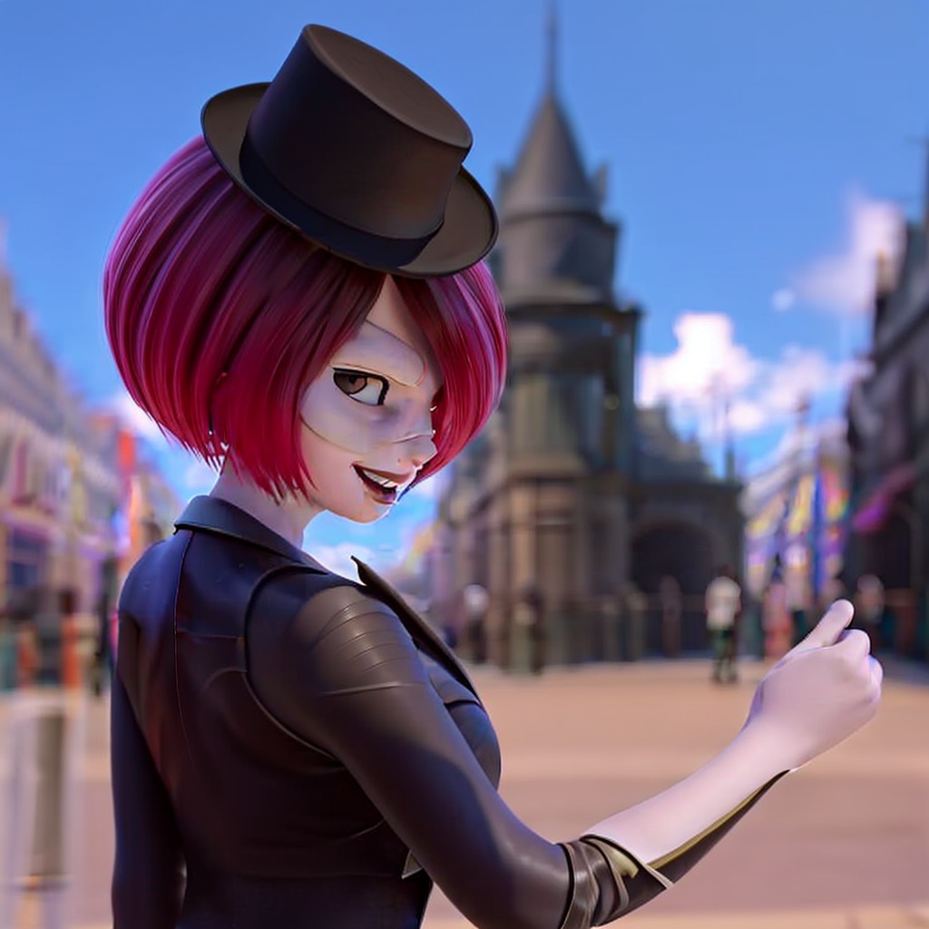 qijimiss(IP), kwamiss, 3D rendering, European and American cartoon style, kwamiss looks back, arms out0.8etched, body turned away from the audience, solo, smile, side face, looking at the audience, sky<lora:kwamiss v1-000014:0.8>