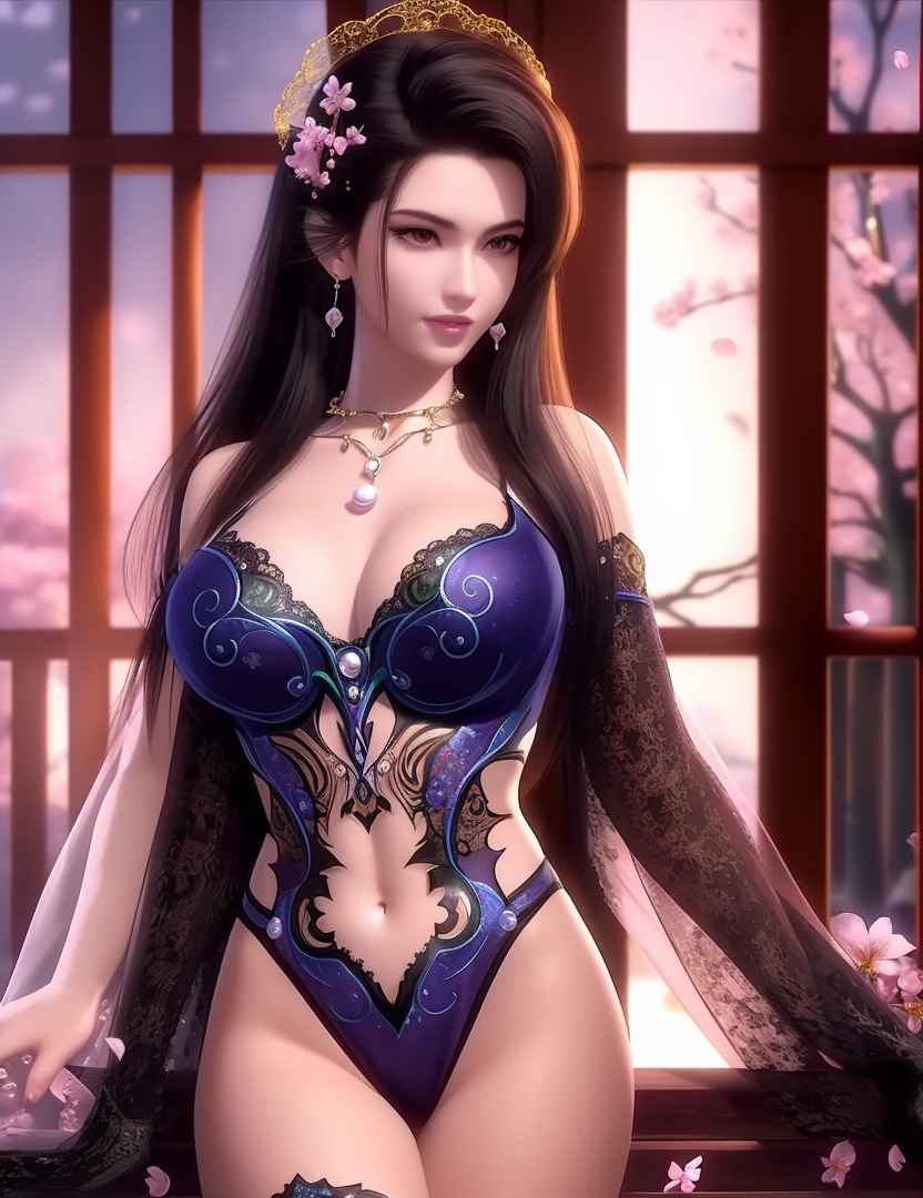 ultra realistic 8k cg, picture-perfect face, flawless, clean, masterpiece, professional artwork, famous artwork, cinematic lighting, cinematic bloom, perfect face, beautiful face, fantasy, dreamlike, unreal, science fiction,  beautiful clothes, lace, lace trim, lace-trimmed legwear,  (rich:1.4), prestige, luxury, jewelry, diamond, gold, pearl, gem, sapphire, ruby, emerald, intricate detail, delicate pattern, charming, alluring, seductive, erotic, enchanting, hair ornament, necklace, earrings, bracelet, armlet,halo((,1girl, pov,))(((,cherry blossoms, , 1girl, solo, petals,looking at viewer, large breasts, ))) <lora:DA_CaoNvYao:0.7> 