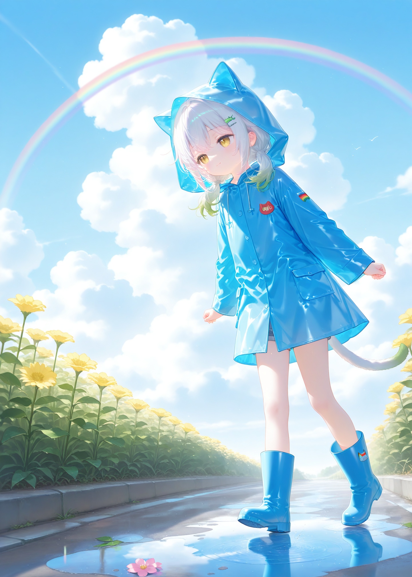 loli,petite,cute,kawai,little girl,little kid,underage,aged_down,aged_down,aged_down,child,loli,loli,loli,masterpiece,best quality,high quality,loli,chromatic_aberration,cxshadow,//,1girl,solo,cat girl, cat eyes, cat ears, cat tail, white cat ears,flat chest, yellow eyes, Golden eyes,slit pupils, Vertical pupils, half closed eyes, white hair, green hair, bad smile,hairclip,leaf hairclip, gradient hair,gradient tail, low twintails, full body, boots, outdoors, sky, day, cloud, hood, blue sky, bug, hood up, flower, rainbow, puddle, rubber boots, raincoat,//,(artist:tokkyu:0.5),(artist:momoko \(momopoco\):0.5),(artist:ask \(askzy\):0.5),(artist:yuyumu:0.4),(artist:dsmile:0.5),(artist:atdan:0.5),(artist:mignon:0.5),(Artist:yunsang,gomzi:0.7),year_2023,year_2024,year_2025,