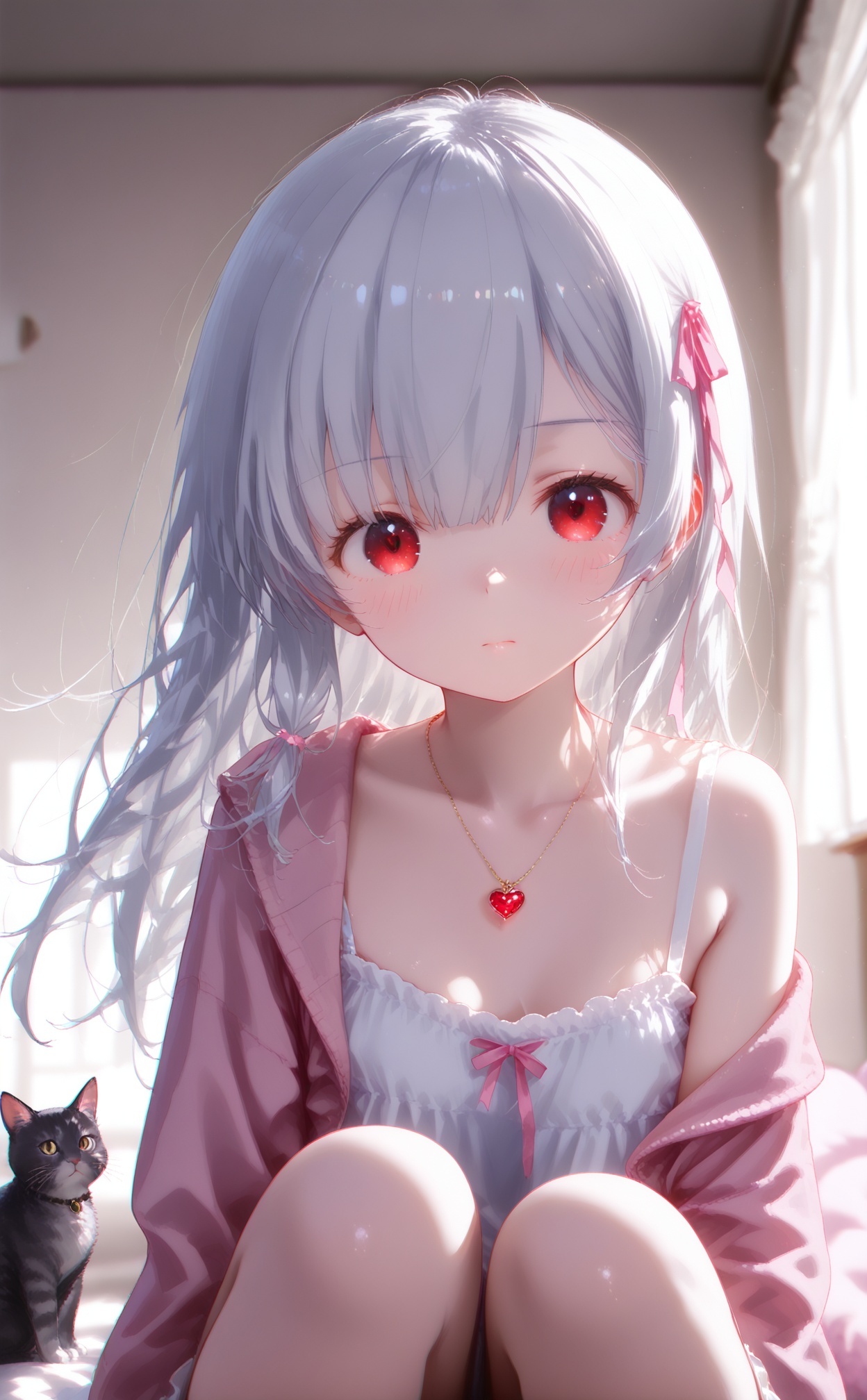masterpiece,best quality,high quality,loli,chromatic_aberration,//,1girl,ribbon,cat,pink ribbon,long hair,sitting,hair ribbon,pillow,looking at viewer,red eyes,heart-shaped pillow,window,solo,white hair,pink jacket,jewelry,animal,off shoulder,jacket,indoors,dress,heart,necklace,curtains,knees up,white camisole,grey hair,white dress,sleeveless,pink cardigan,long sleeves,closed mouth,collarbone,bare shoulders,frills,blush,blurry,blurry background,camisole,//,year_2023,year_2024,//,official art,depth of field,detailed light,blurry background,cinematic lighting,ray tracing,ultra detailed,god rays,backlighting,photo background,film grain,chromatic aberration,volumetric lighting,depth of field,blurry background,shiny skin,floating hair,cinematic lighting,day,very aesthetic,<lora:rouhe——【noob】hans:1>,