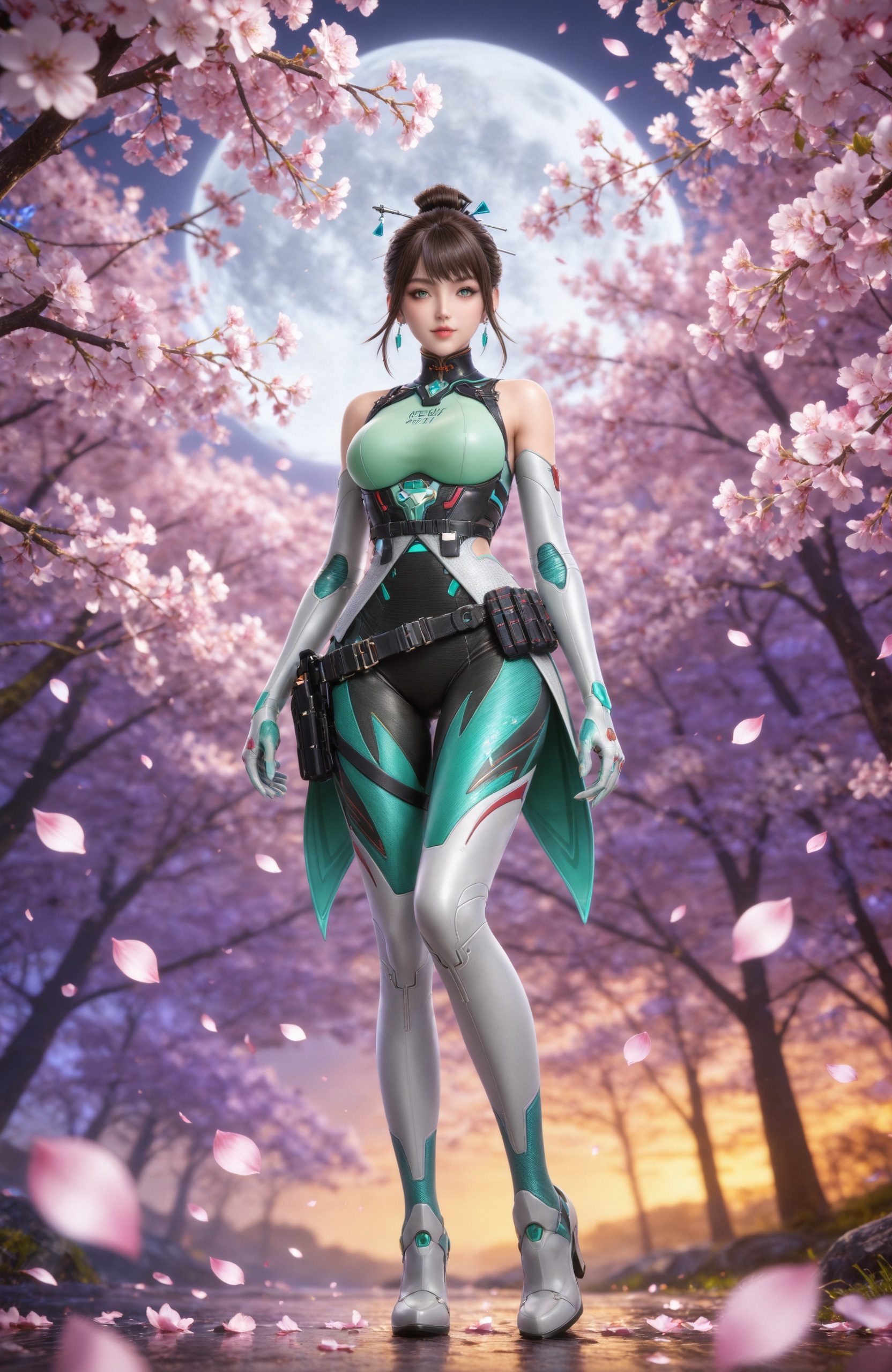 <lora:CF-虹儿-绿Pony:0.7> 1girl, hair ornament, hair bun, brown hair, green eyes, earrings, hair stick, bare shoulders, elbow gloves,  white gloves, bodysuit,utility belt,high heels,, masterpiece,best quality,solo,1girl,upper body,petals,looking at viewer,moon,branch,cherry blossoms,flower,extreme aesthetic,(quasarcake:0.7),masterpiece,best quality,good quality,newest,very aesthetic,absurdres,A shot with tension,(Visual impact,giving the poster a dynamic and visually striking appearance:1.2),impactful picture,offcial art,colorful,splash of color,movie perspective,