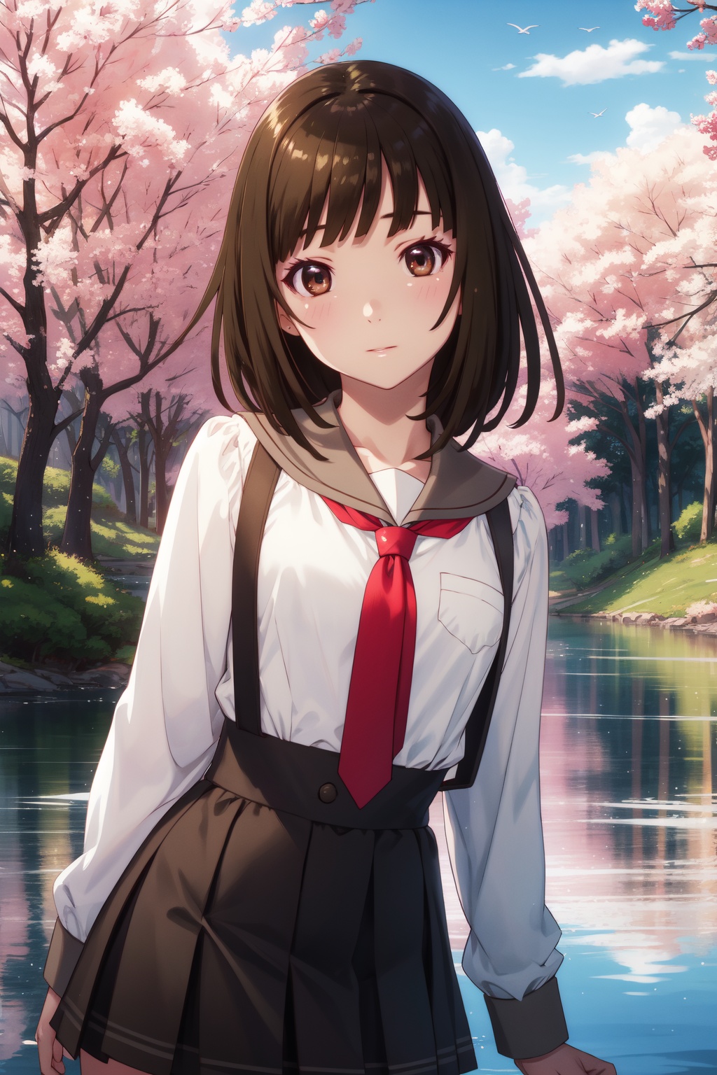 <lora:Nadeko-000013:0.8>,Nadeko cyql,1girl,looking at viewer,solo,brown hair,medium hair,blunt bangs,brown eyes,school uniform,long sleeves,necktie,high-waist skirt,suspender skirt,sailor collar,shirt,red necktie,white shirt,Naughty, A mischievous grin, a wink, and a playful attitude.,bust,beautiful face,beautiful eyes,glossy skin,shiny skin,Lake, Lakeside, Forest, Trees, Reflection, Serenity, Wildlife, Tranquility,(Cherry blossoms, Canal, Wooden bridges, Traditional architecture, Hanami season, Japanese tradition:0.6),beautiful detailed sky,beautiful detailed glow,posing in front of a colorful and dynamic background,masterpiece,best quality,beautiful and aesthetic,contrapposto,female focus,wallpaper,fashion,