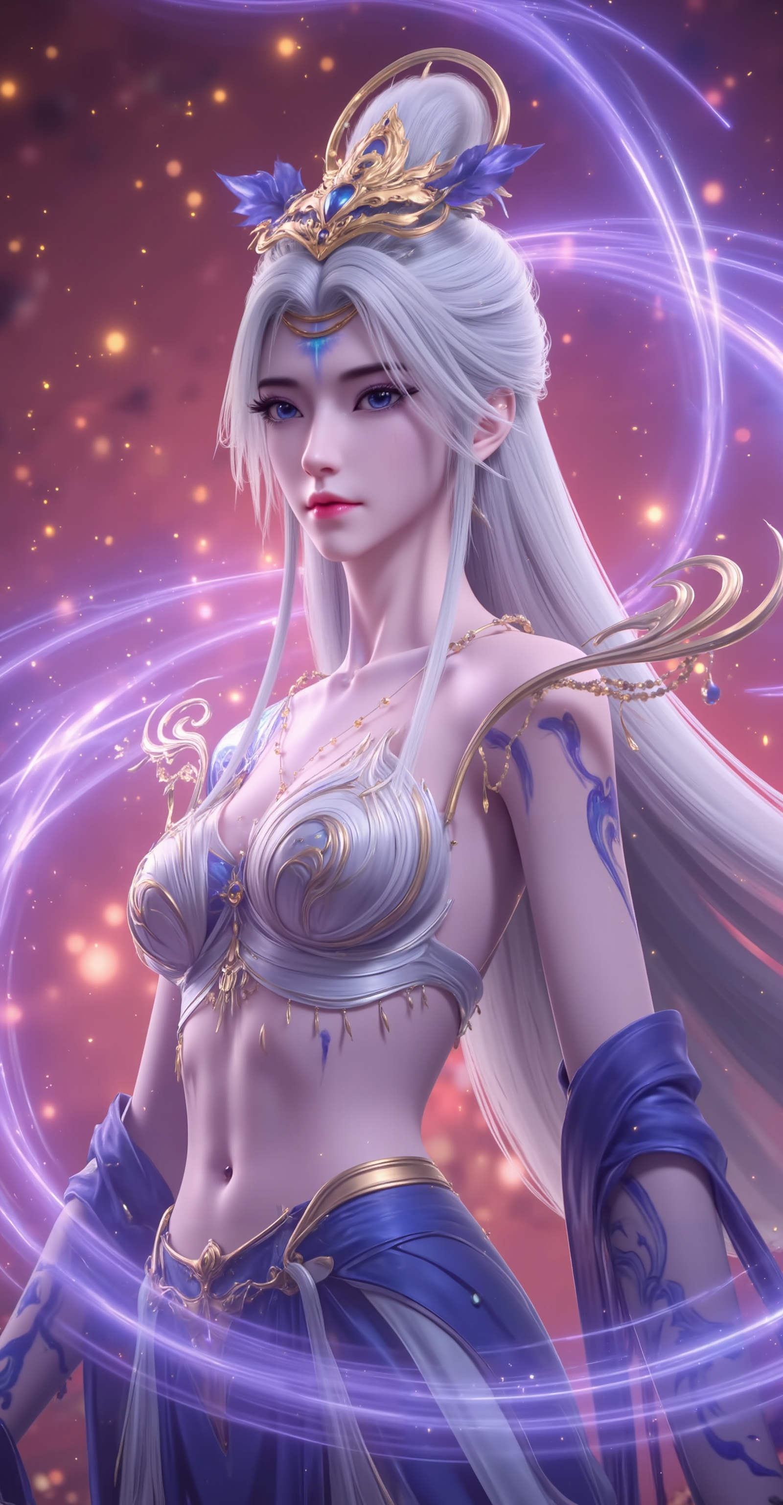 <lora:莫仙·10:1.1>,moxian,1girl,solo,long hair,blue eyes,hair ornament,white hair,jewelry,tattoo,blue tattoo,(cowboy_shot:1.1),crop_top,skirt,navel,tattoo,blue tattoo,right arm tattoo,stomach_tattoo,<lora:DJ滤镜_2.5D版:0.3>,lvjing,<lora:绚丽多彩·10:0.4>,guoman,close-up details,outstanding style,adding a touch of dimension to your images without compromising details,whirls of vapor,iridescent textures,(Anime:1.1),ethereal ambiance,delicate details,magical high-concept,32K UHD,sharp focus,best-quality,masterpiece,golden hour,unconventional supreme masterpiece,masterful details,temperate atmosphere,with a high-end texture,in the style of fashion photography,photography,cover,dynamic angle,dynamic posture,extreme aesthetic,masterpiece,best quality,good quality,very aesthetic,absurdres,visual impact,a shot with tension,ultra-high resolution,32K UHD,sharp focus,best-quality,masterpiece,emotionalization,unconventional supreme masterpiece,masterful details,temperate atmosphere,with a high-end texture,in the style of fashion photography,(visual impact:1.2),giving the poster a dynamic and visually striking appearance,impactful picture,official art,colorful,splash of color,movie perspective,masterpiece,best quality,amazing quality,very aesthetic,absurdres,best quality,newest,