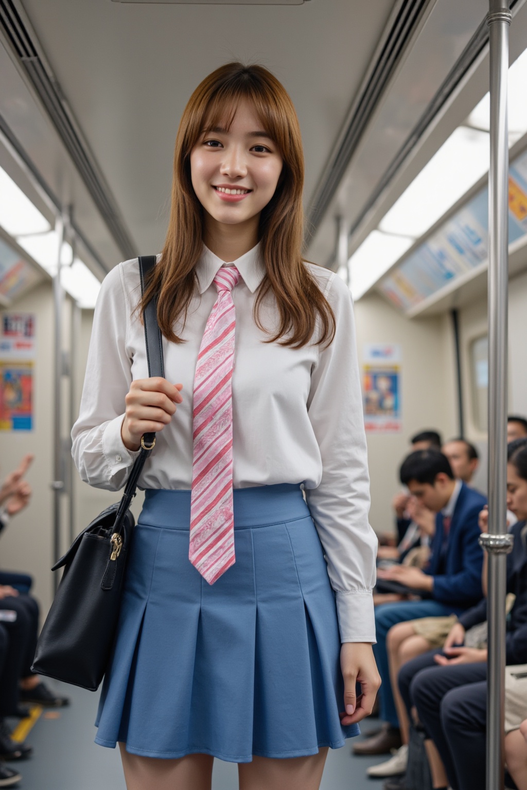 The image is a high-resolution photograph,A photograph of an girl with fair skin,standing on a subway train. She has straight long hair,and wears a white blouse,pink and white striped tie,and a blue short pleated skirt. She was carrying a black shoulder bag, with a confident expression and a smile on her face. Other passengers are seated in the background. The subway car has metal poles and advertisements on the walls.