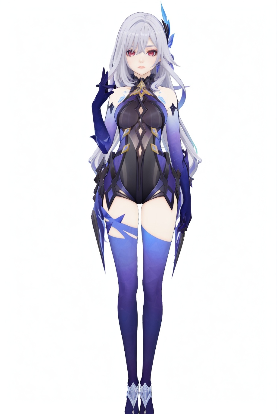 8k,best quality,masterpiece,(ultra-detailed),(high detailed skin),(by nanoless, by misumi \(macaroni\),:0.5),A full-body portrait of a young girl,standing gracefully,pastel art style,high-key lighting,shoujo manga influence,hd quality,delicate details,full body,full shot,standing,looking at viewer,(solo:1.2),simple background,(white background:1.2),<lora:sikknew-sd-Tanger-000019:0.85>,Skirk \(genshin impact\),clothes: balck halter bodysuit,official alternate costume,Skirk hair ornament,black alternate elbow gloves,1girl,long grey hair,thighhighs,red eyes,