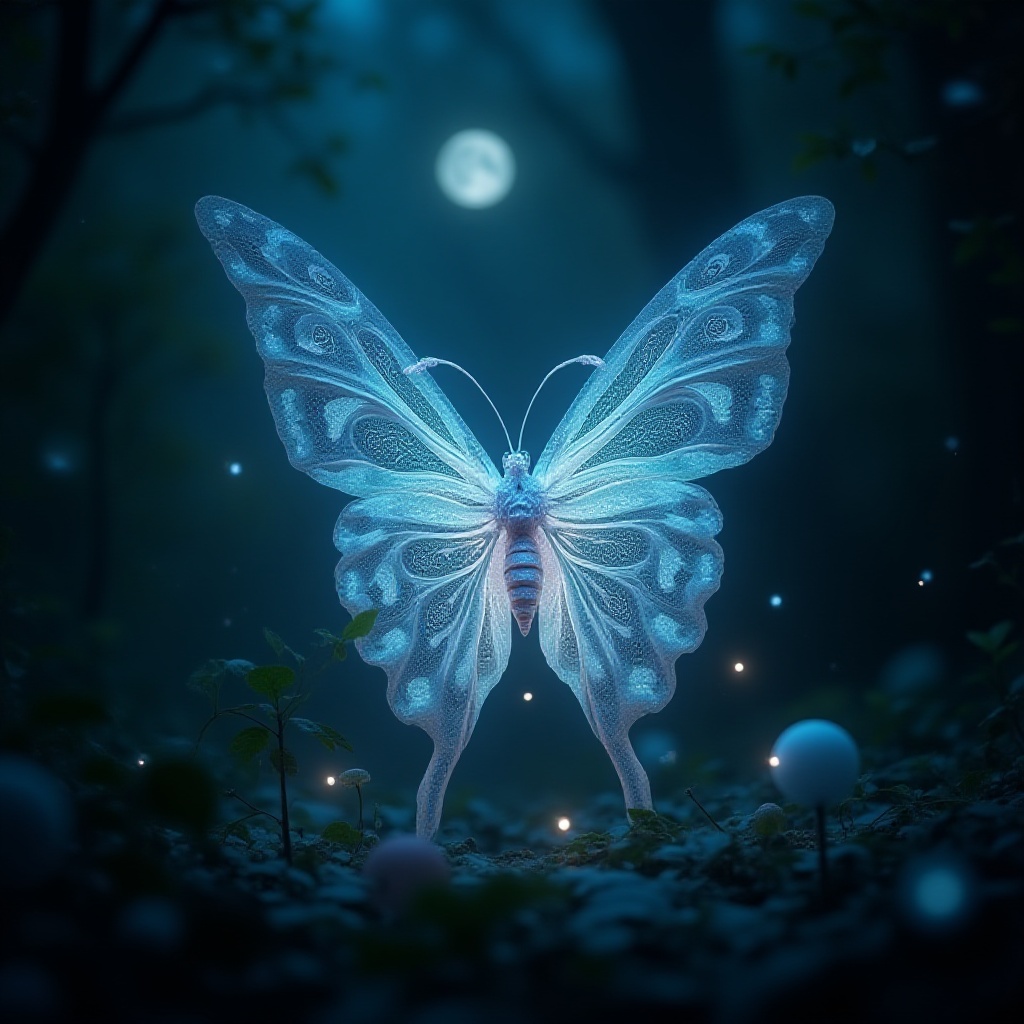 A captivating,  hauntingly beautiful dramatization: A delicate,  luminescent butterfly with iridescent wings and intricate...