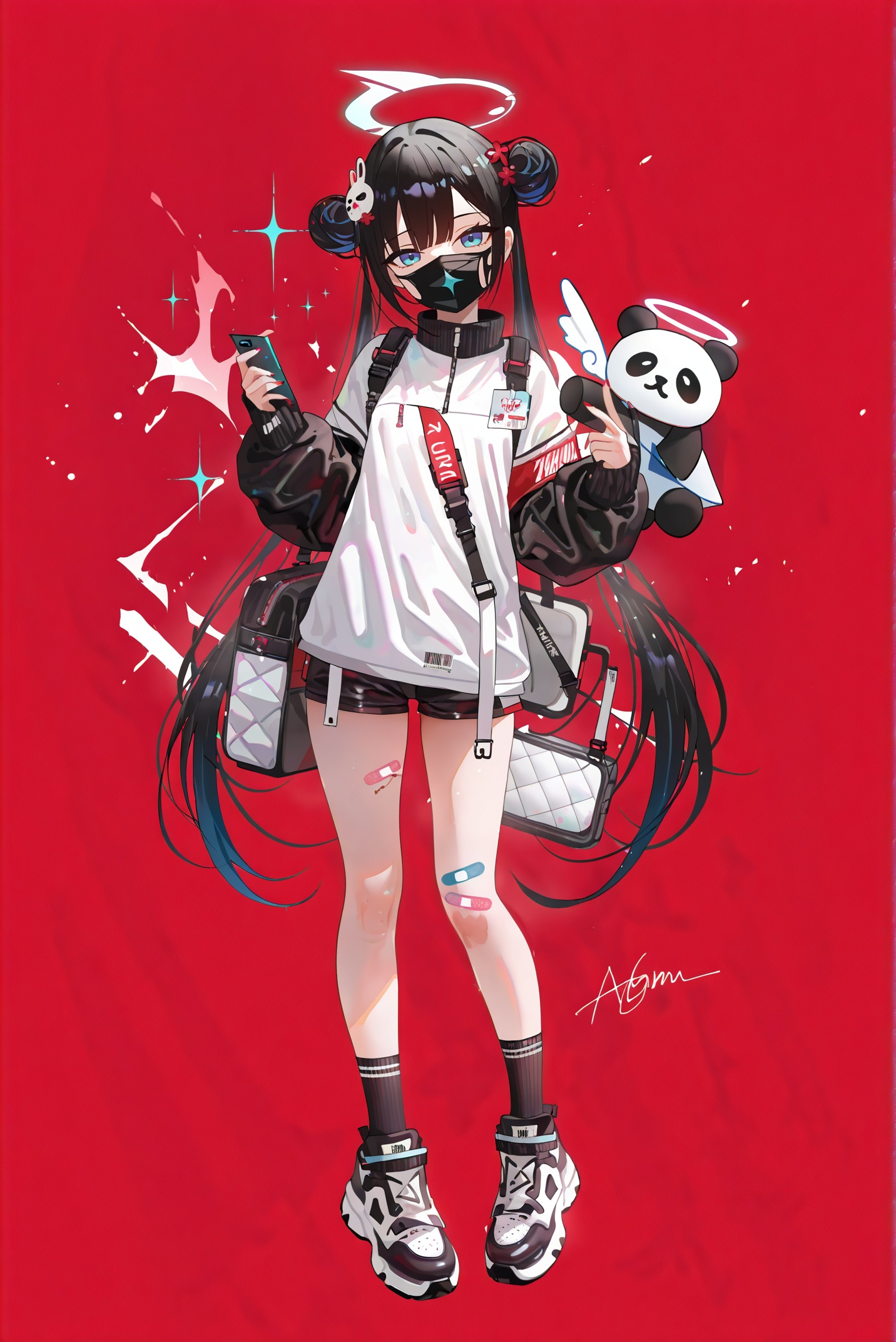 masterpiece,best quality,((artist:reoen),(artist:fuzichoco),(artist:atdan),(artist:torino_aqua:0.5),year 2024:0.5),(artist:omone_hokoma_agm:0.8),<lora:jijia-gnoobv-Tanger-000014:0.7>,jijia, 2d, anime, 1girl, black hair, bandaid, halo, red background, long hair, solo, bandaid on leg, hair bun, mask, bag, double bun, barcode, mouth mask, socks, looking at viewer, full body, twintails, claws, multicolored hair, hair ornament, blue eyes, bangs, wings, very long hair, shorts, an anime character with a panda on her arm, this is a drawing of a anime girl with different outfits,