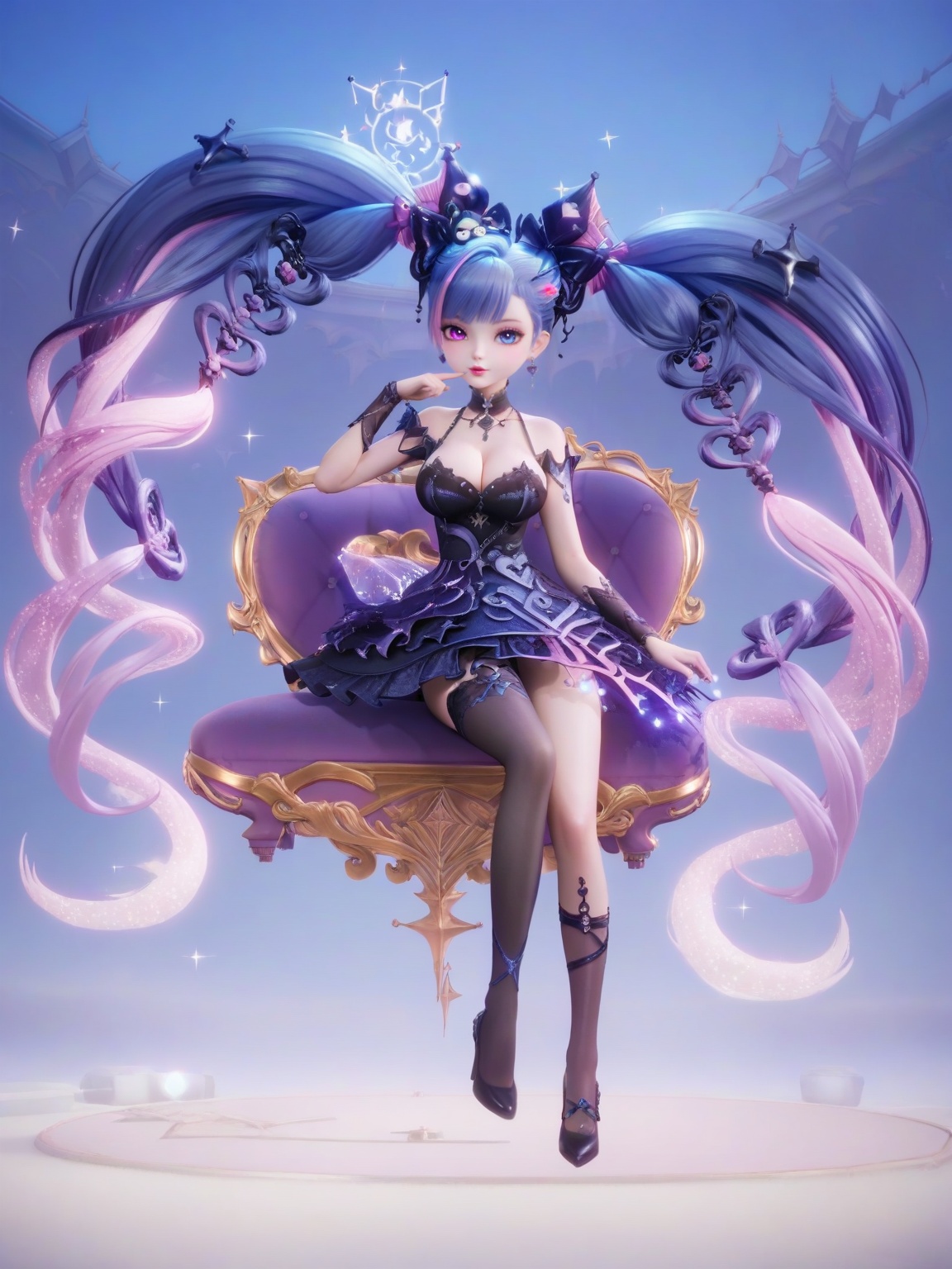 score_9,<lora:SF_AnQiLa_Pony_Realism2.3-000005:0.7>,1girl,breasts,large breasts,sitting,hair ornament,heterochromia,solo,lipstick,loli,dress,jewelry,absurdly long hair,multicolored hair,asymmetrical legwear,black dress,full body,looking at viewer,white background,simple background,