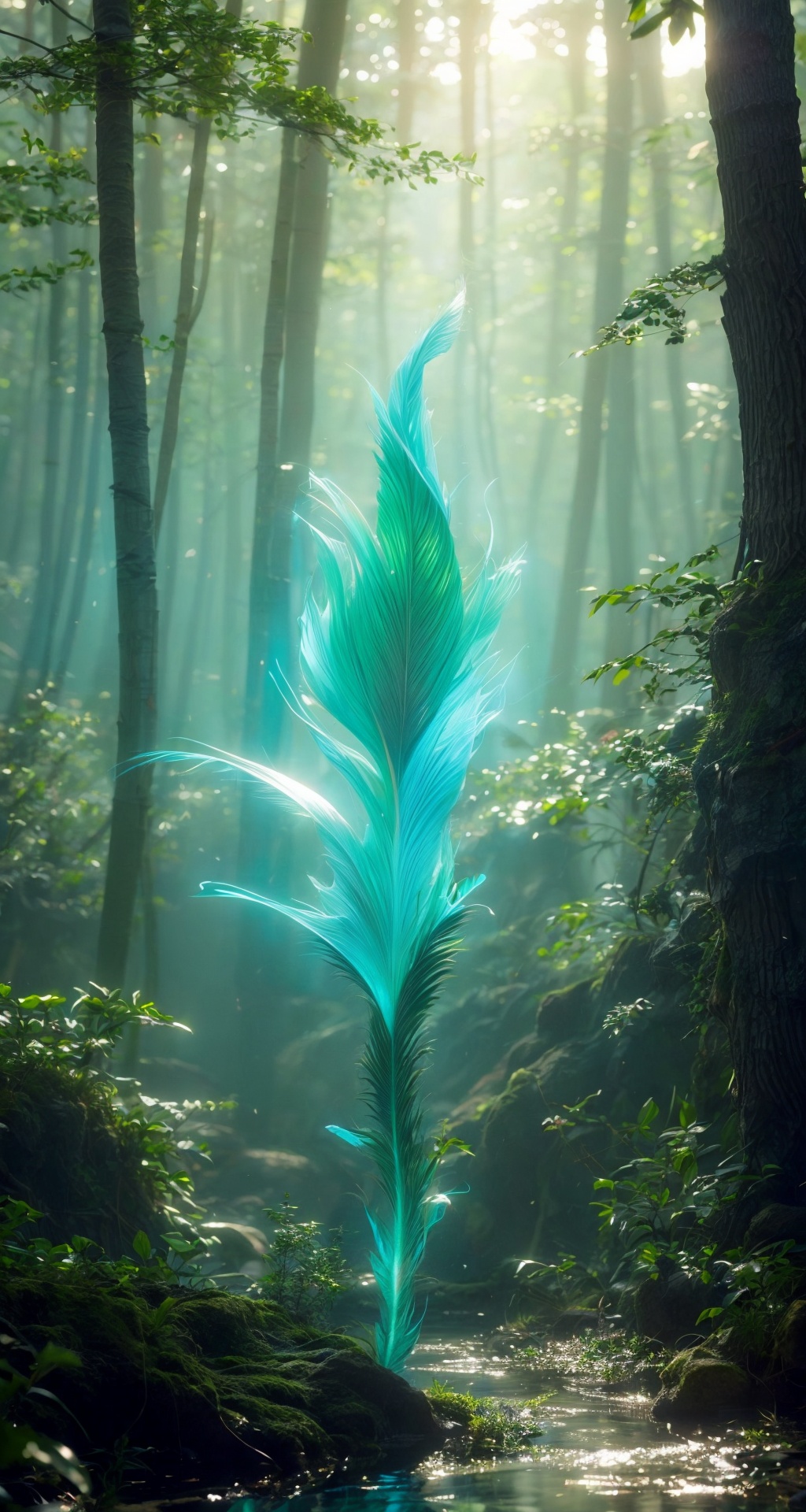 <lora:add_detail细节增加:1.5>,<lora:法宝:0.8>,fabao,novady,no_humans,weapon,fantasy,glowing,(detailed light) , feather, leaves, nature, (sunlight), river, (forest),(bloom),