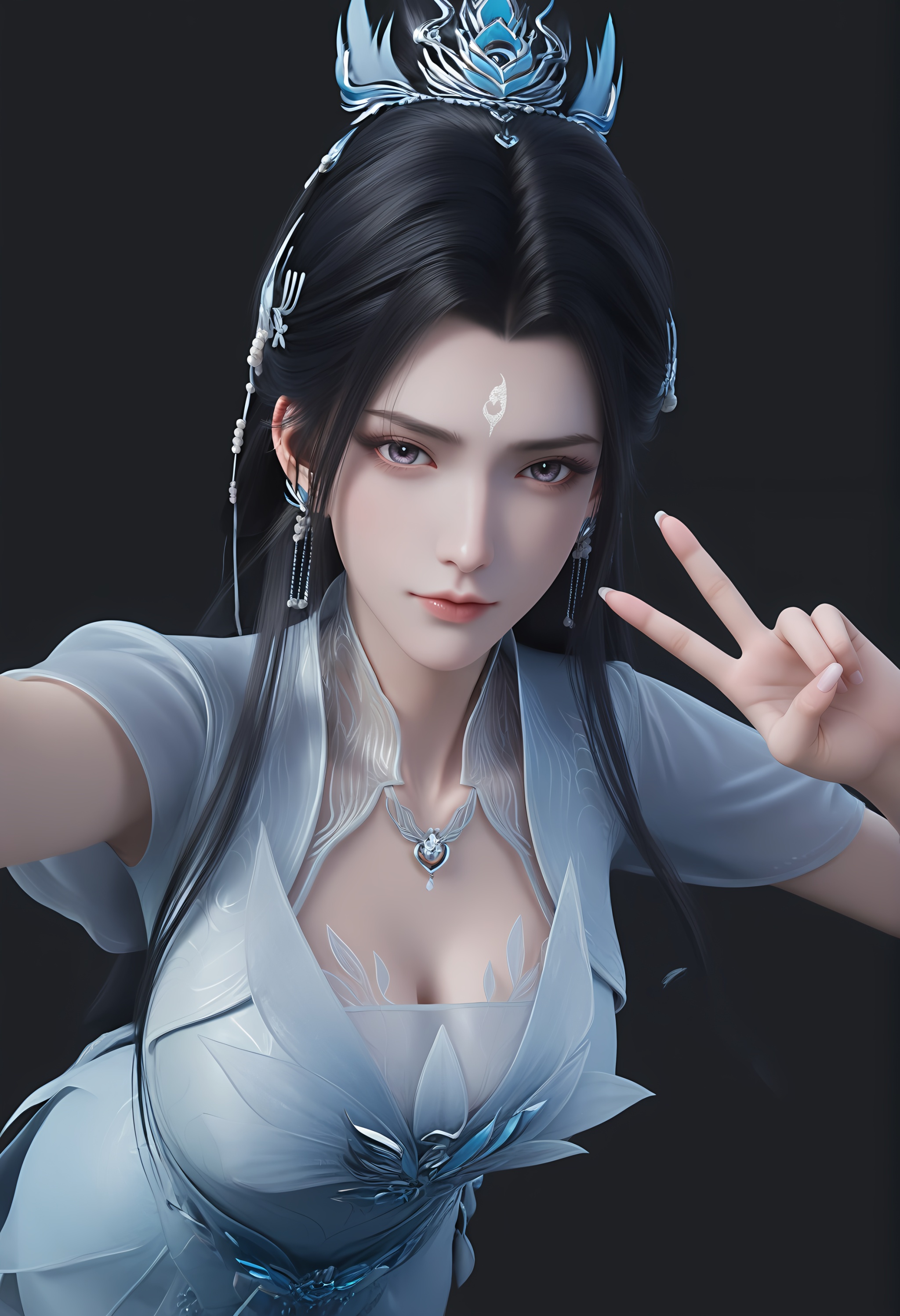 (score_9),<lora:陆雪琪2-Apony:0.82>,luxueqi,1girl,solo,long hair,black hair,hair ornament,hair bun,updo,earrings,forehead mark,dress,jewelry,necklace,hair ribbon,belt,<lora:Expressive_H-000001:0.8>,light blush,front view,dutch angle,dynamic_angle,from above,selfie,v sign,closed mouth,mature female,collarbone,pointy breasts,puffy breasts,cleavage,<lora:e肤色滑块:0.35>,fair_skin,(pale_skin),(white_skin),light skin,ultra-detailed skin texture,detailed textures,BREAKsimple background,black background,