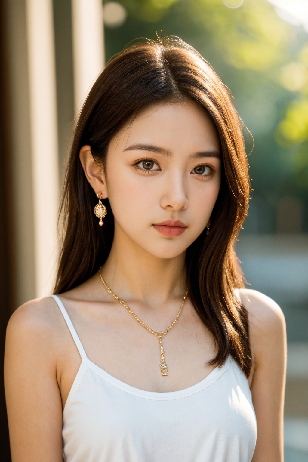 1girl, jewelry, solo, realistic, long hair, brown hair, necklace, looking at viewer, blurry background, earrings, brown eyes, blurry, upper body, dress, lips, photorealistic, breasts, sleeveless, depth of field, closed mouth, bare shoulders, camisole, sunlight
