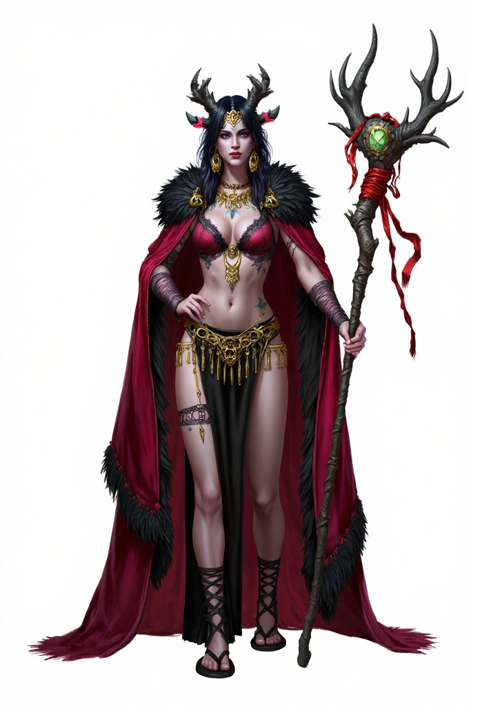 A witch or high priestess dressed in unique attire with a color scheme dominated by dark red and black,exuding a sense of solemnity and mystery. Her upper body is adorned with a tight-fitting garment featuring intricate decorations,with golden chains around her waist and chest adding an element of luxury and mystique.,She wears a large,dark red cloak over her outfit,trimmed with black feathers,making her appearance very distinctive and eye-catching. She also has similar feather decorations on her head,further enhancing her mysterious image. In her right hand,she holds an oddly shaped staff adorned with antler-like decorations and wrapped with red fabric strips,giving it an ancient and mystical feel.,Her lower body is covered in a black skirt with an open design that reveals part of her thighs,combining sensuality with strength. She wears lace-up sandals,completing an overall look that is both primitive and wild in its beauty. White background.,