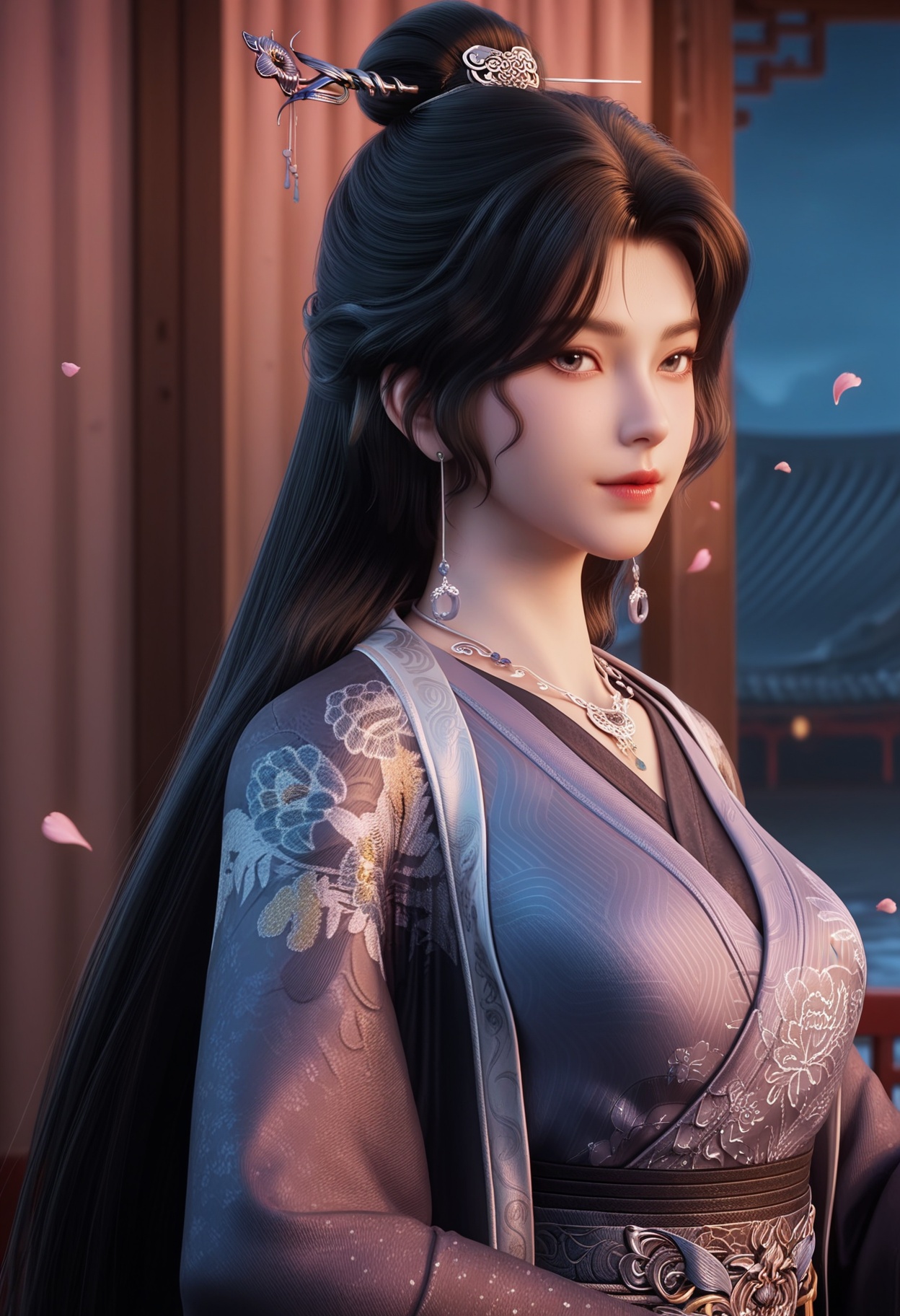 masterpiece,best quality,amazing quality,high resolution,ultra-detailed,absurdres,(looking at viewer:1.1),upper body,(Dark room:1.3),(moody lighting:1.1),peach blossom,falling petals,(large breasts:0.8),tszhanglao,1girl,solo,black hair,long hair,chinese clothes,hair ornament,jewelry,hanfu,necklace,realistic,earrings,hair bun,dress,long sleeves,shoes BREAK photorealistic details,<lora:QQSilltszhanglaoV1:0.8>,