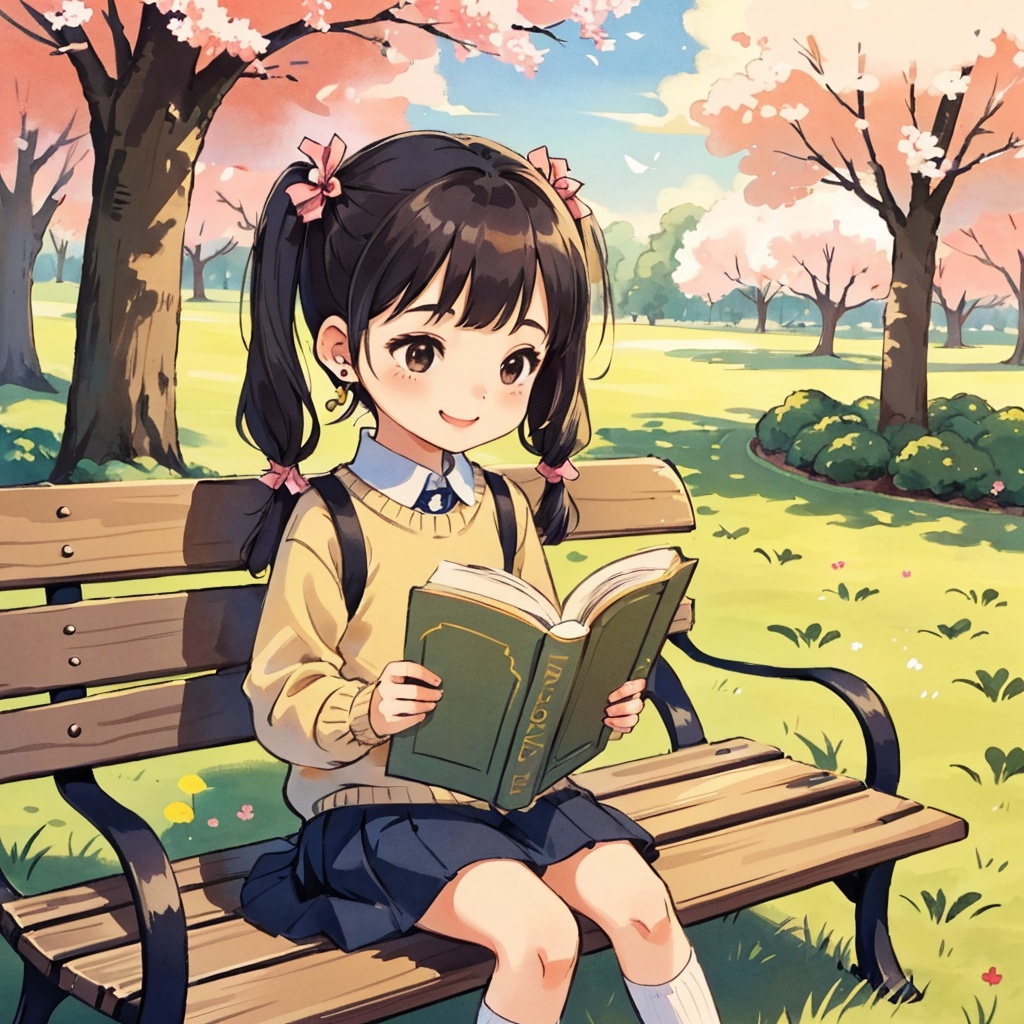 ((A child,small cute plush ball errings,pigtails,jumper skirt,A charming smile,reading picture-story book)),Parks,lawns,cherry trees,benches,masterpiece,best quality,