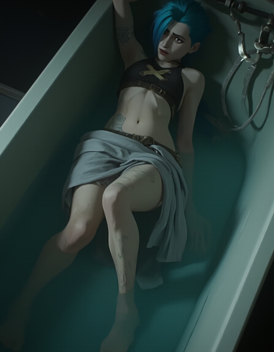 jinx,  a girl sitting in a bath tub with wet cloth,  beautiful lighting on Tensor.Art