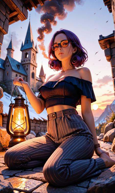 masterpiece, best quality, newest, highres, absurdres, detailed, detailed face, 8K, depth of field, focused subject, dynamic angle, cowboy shot, BREAK, An enchanted castle perched atop a craggy mountain peak. Towering spires reach towards the sky, bathed in the golden hues of sunset. Smoke rises from the chimneys, hinting at life within. Below, the village nestled against the mountainside glows with lantern light. Dragons circle overhead, their scales catching the fading daylight. In the foreground, a winding path leads through a garden of vibrant blooms, guarded by stone gargoyles., Flash with a grid for a narrow beam of light (Grid Flash)., 1girl sitting, wariza, wearing Golden Ombre Cold-shoulder top with Smoky Lilac Tapered trousers with a pinstripe pattern., Wood Bracelet and Sports Glasses, Red and Purple Curly Top with Fade, Disgruntled, medium breasts