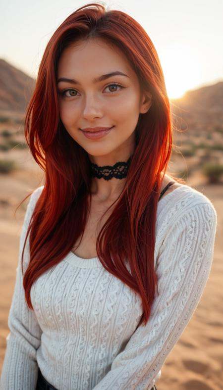 score_9_up, score_8_up, score_7_up, Raw Photo, Portrait, girl, iranian, cute, seductive, innocent, light smile:0.3, plump lips, slender body, oversize knit jumper, dark redhead, rouge, darkred, neck lace choker, perfect makeup, colorful, softcore, warm lighting, cosy atmosphere, Instagram style, red theme, black and red:0.85, dim colors, desert dune background, depth of field, dynamic angle, photo realistic:1.4, realistic skin:1.4, fashion photography, sharp, analog film grain, hyperdetailed:1.15