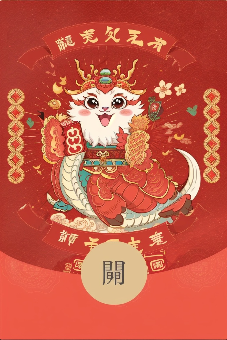 ((HRD, HUD, 8K)),((masterpiece, best quality)), highly detailed,text focus, cover, red theme, red background, monochrome,dragon, dragon horns, dragon claw, no humans, solo, looking at viewer, sitting, open mouth, food, blush stickers, flower, comic, new year, lantern, traditional youkai,  <lora:20231230-1703916462255:0.8>