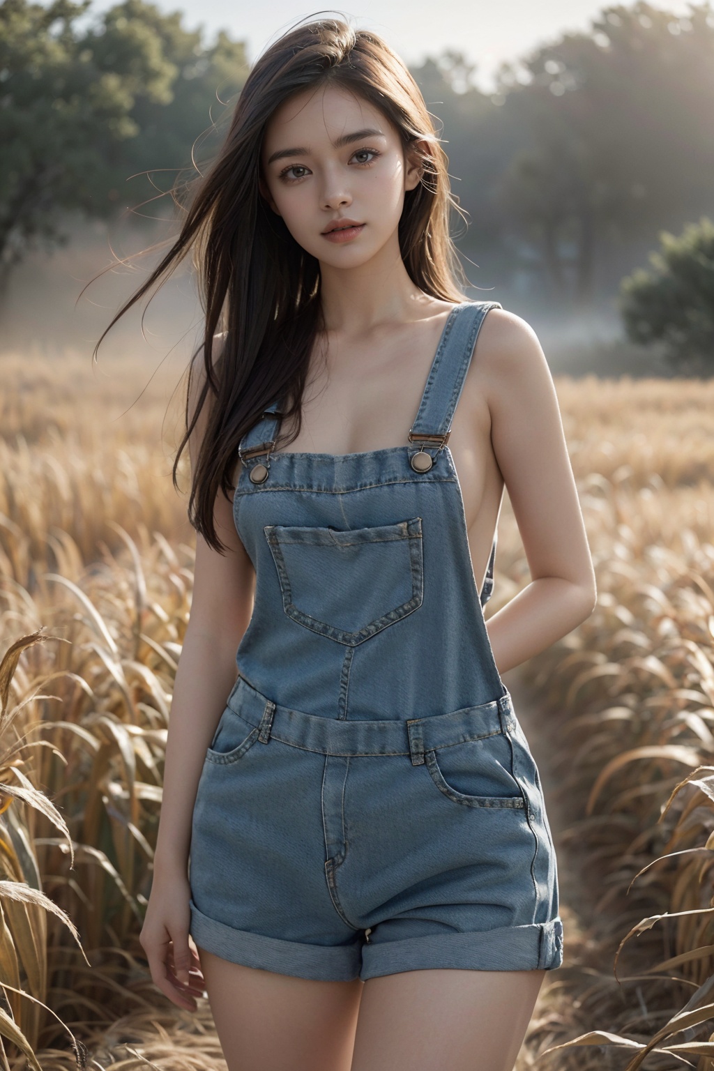masterpiece,best quality,ultra high res,1girl,tashan naked overalls,Utrawide shot,Shimmering light,Tilt-Shift,<lora:20240412beidai-v1:0.6>,Spooky, fog-shrouded cornfield,