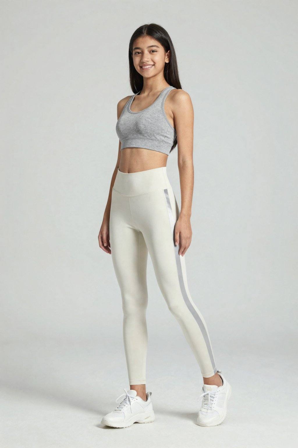 <lora:20260207_TinZITGirlLoraB:0>, 创建一张15岁年轻女性站在极简主义风格的摄影棚内，背景为白色。她留着一头乌黑的长直发，脸带微笑，身穿灰色紧身运动文胸和浅色高腰紧身裤，裤子侧边饰有一条时尚的银色条纹。她的姿势动感而放松，展现出健美的体态。她脚上的白色运动鞋简洁时尚，与整体运动造型相得益彰。整幅画面应强调运动感和时尚感，柔和的光线营造出轻柔的阴影，凸显她的身材曲线。