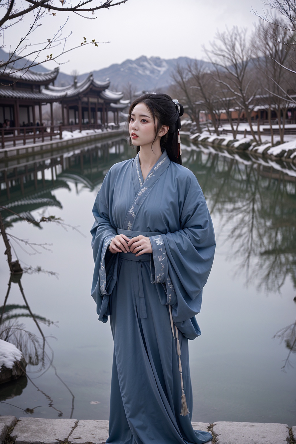 (1girl:1.3), (best quality, masterpiece, ultra high resolution),(photorealistic:1.3), (realistic:1.3), depth of field,(outdoors:1.2), (day:1.2), (cinematic lighting:1.2), (white hanfu: 1.9), (yellow river background: 1.9), snow