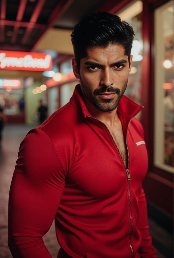 Smaran Sahu ,  realistic photo in a worn ((skin-revealing skimpy erotic red tracksuit,  massive pecs)) on Tensor.Art