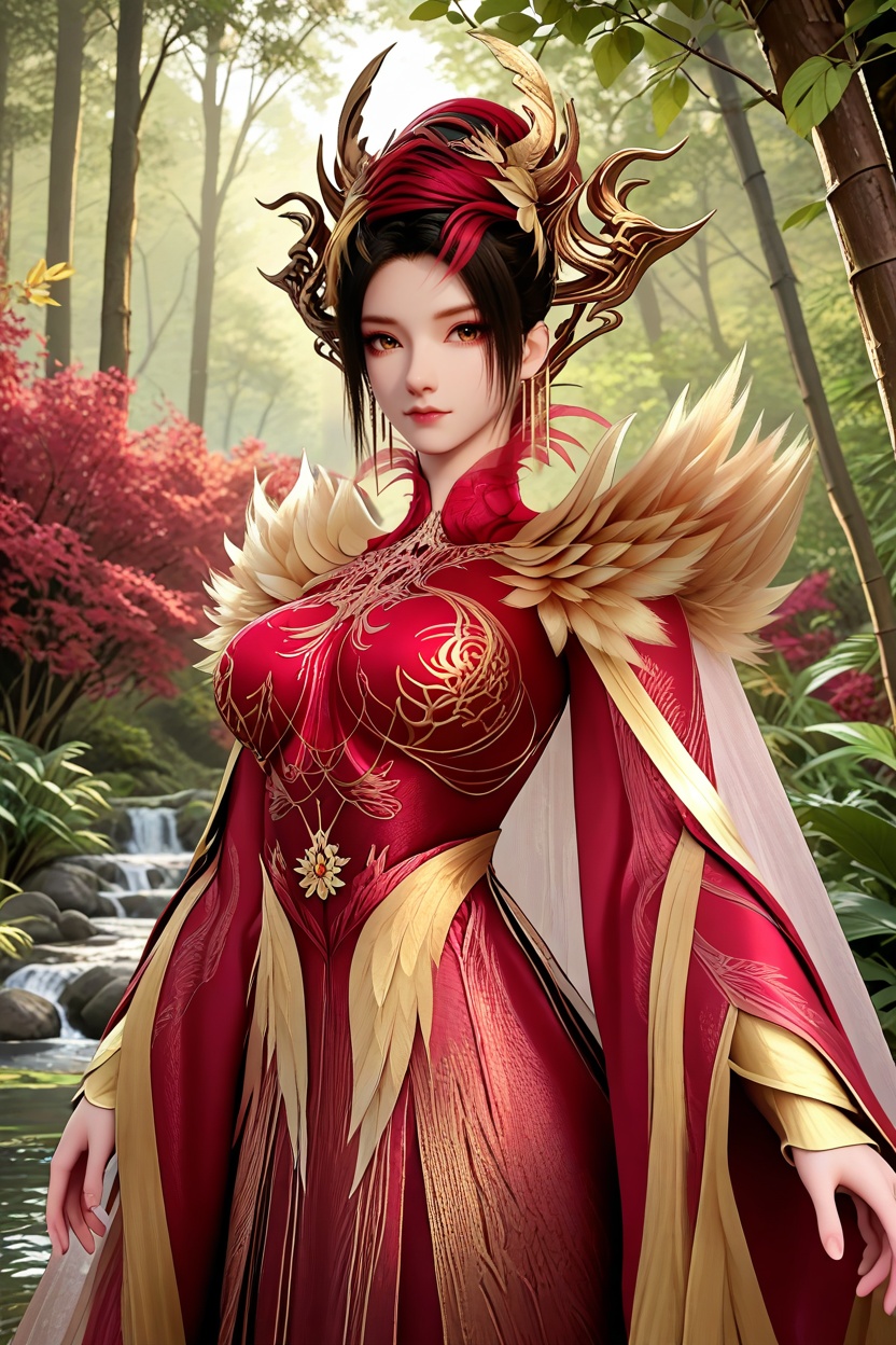 A woman standing with her back to the camera, hands resting on her hips.,<lora:XL16神国之上神子娘娘:1.05>,1girl,red corset gown,brown eyes,black hair,red streaked hair,hair ornament,yellow feathers capelet,white cape train,wide flowing sleeves,(large breasts:1.2),bamboo forest,water,river,stone,, score_9,score_8_up,score_7_up,score_6_up,score_5_up,score_4_up,3d rendering,tag1,tag2, Cinematic Lighting,backlighting,