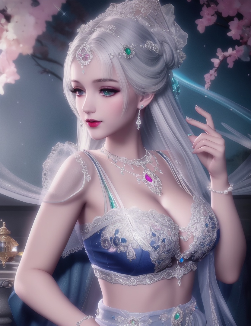 ultra realistic 8k cg, picture-perfect face, flawless, clean, masterpiece, professional artwork, famous artwork, cinematic lighting, cinematic bloom, perfect face, beautiful face, fantasy, dreamlike, unreal, science fiction, huge breasts, beautiful clothes, lace, lace trim, lace-trimmed legwear, (rich:1.4), prestige, luxury, jewelry, diamond, gold, pearl, gem, sapphire, ruby, emerald, intricate detail, delicate pattern, charming, alluring, seductive, erotic, enchanting, hair ornament, necklace, earrings, bracelet, armlet,halo ((,1girl:1.5,   solo, ))<lora:DA_NikkiChangEr2.0:0.6>