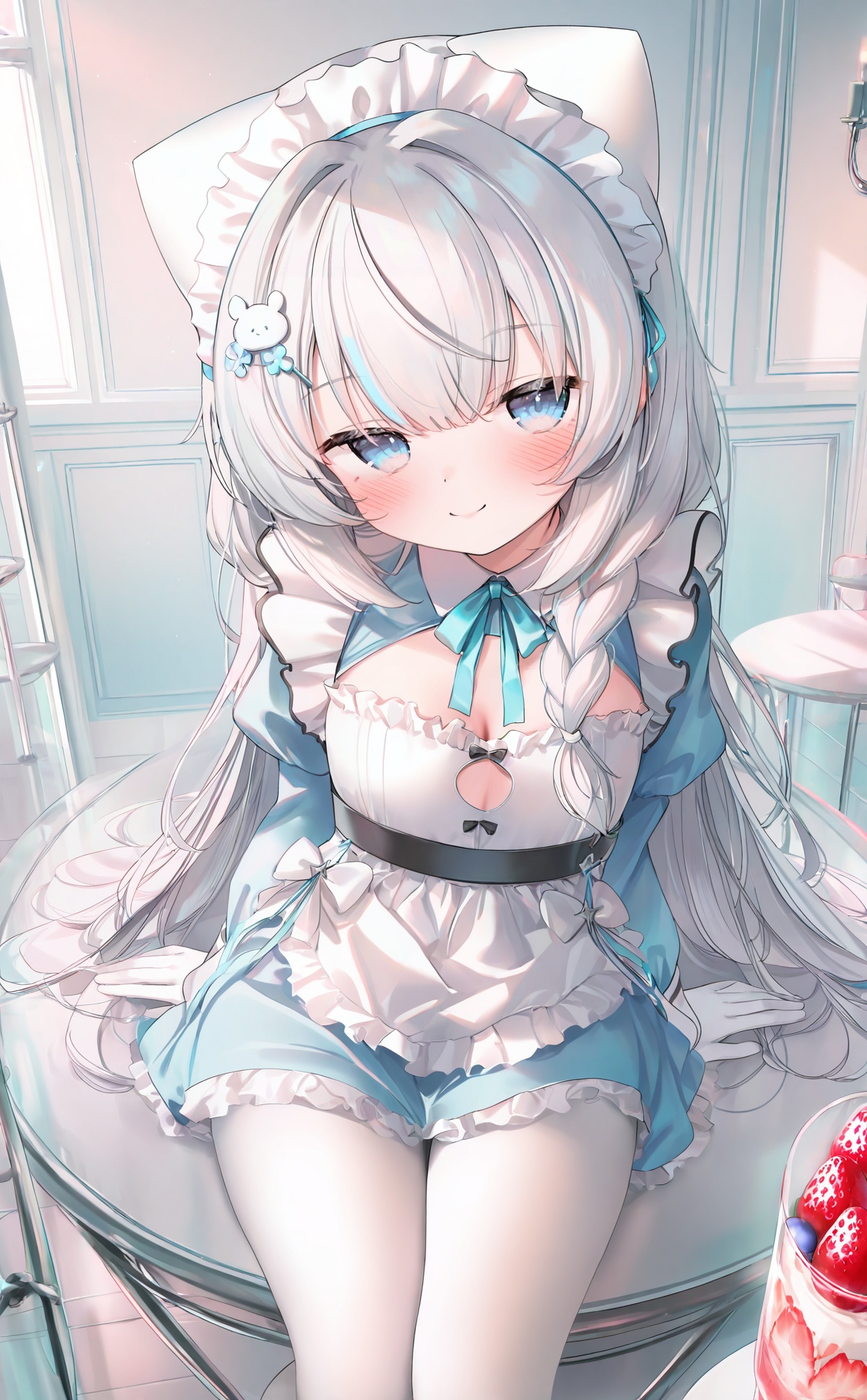 masterpiece,highres,absurdres,newest,best quality,loli,petite,high quality,chromatic_aberration,//,1girl, food, maid_headdress, blue_eyes, virtual_youtuber, solo, long_hair, fruit, gloves, strawberry, smile, looking_at_viewer, braid, white_gloves, breasts, white_hair, cleavage, cup, blush, maid, grey_hair, hair_ornament, long_sleeves, closed_mouth, frills, pantyhose, sitting, cleavage_cutout, ribbon//,<lora:guizhencao2——【noob】hans-000008:1>,