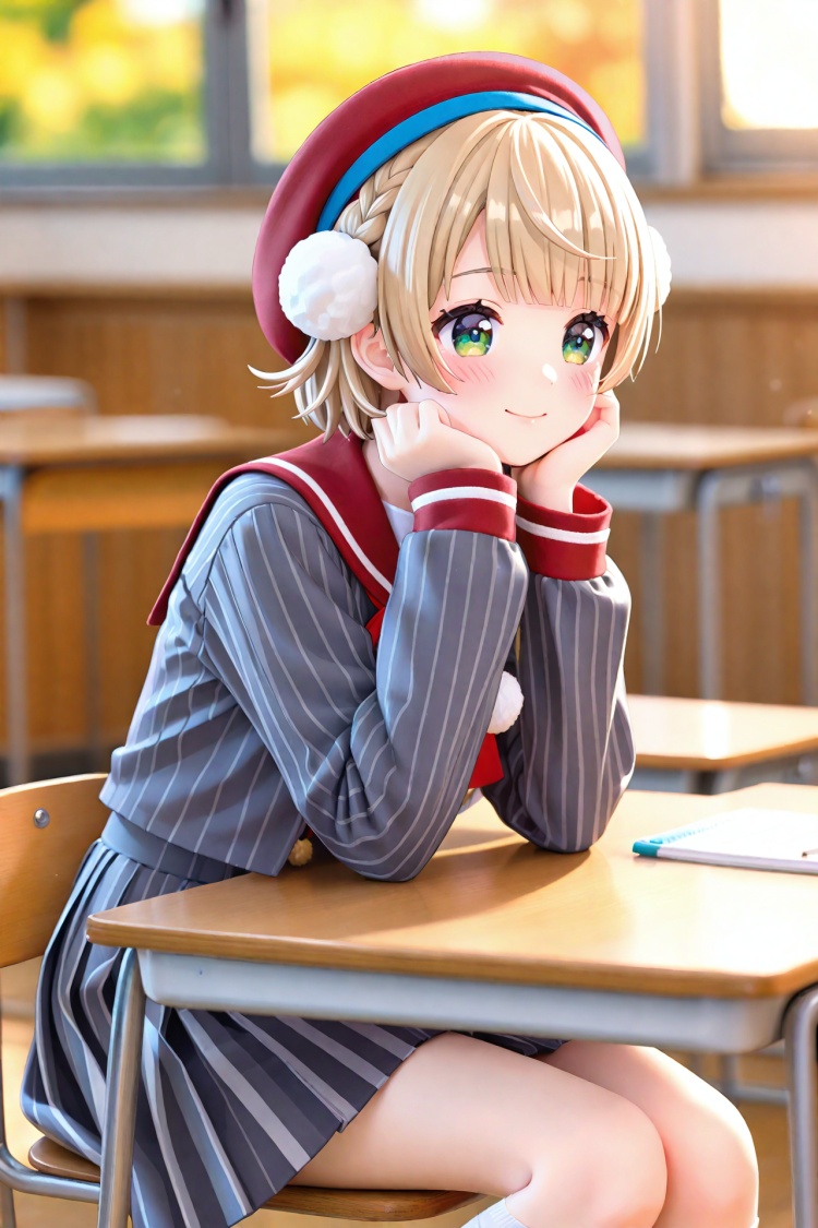 masterpiece,best quality,illustration,ultra detailed,hdr,Depth of field,(colorful),PVC Style, shigure ui (vtuber), 1girl, virtual youtuber, solo, hair ornament, hat, pom pom (clothes), desk, pom pom hair ornament, school desk, short hair, classroom, blonde hair, green eyes, beret, smile, skirt, grey jacket, blurry, twitter username, indoors, jacket, sitting, hair rings, grey skirt, socks, red headwear, long sleeves, school uniform, braid, striped clothes, striped skirt, closed mouth, vertical-striped jacket, blurry background, pinstripe pattern, striped jacket, shirt, holding, sailor collar, head rest, artist name, light brown hair, red sailor collar, blush, french braid, holding pencil, vertical-striped skirt