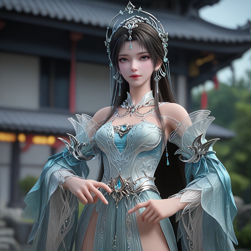 (oriental architecture, elegant decor, sophisticated style:1.1),pointing at viewer,(breasts:1.2),<lora:XL16完美世界天神书院清漪:0.95>,miss qingyi,white sheer corset dress over a pale blue underlay,grey eyes,black hair,hair ornament,half-up crown ponytail with long cascading hair,very long hair,jewelry,wide flowing sleeves,pelvic curtain,, zPDXL2, score_9, score_8_up, score_7_up BREAK realistic, masterpiece,best quality, highly detailed,, zPDXL3, zPDXL2,zPDXL, zPDXLxxx, zPDXLrl,