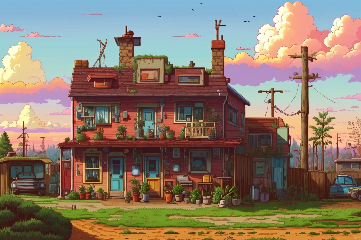 ((HRD, HUD, 8K)),((masterpiece, best quality)), highly detailed, soft light,GameScenes, scenery, tree, sky, outdoors, cloud, grass, no humans, window, building, plant, house, chimney, potted plant, sign, ground vehicle, sunset, air conditioner, cityscape, power lines, ladder, fence, <lora:20240330-1711769468704:0.9>