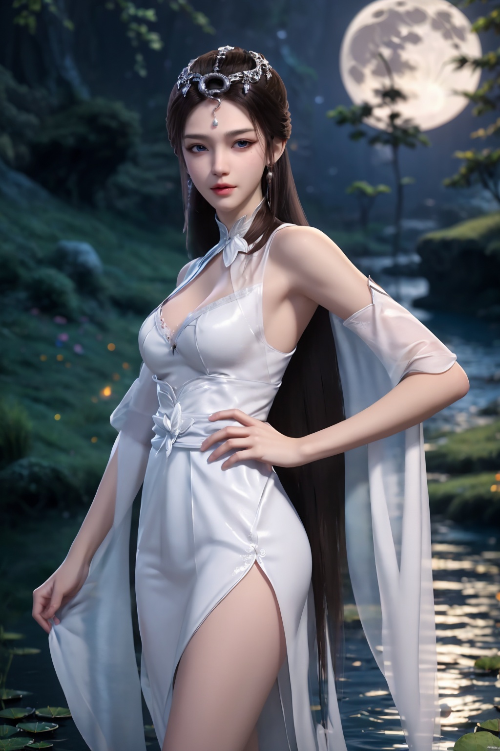 standing,dress,chinese clothes,flower,full_moon,moon,night,lily_pad,lotus,moonlight,water,night_sky,lily_\(flower\),sky,partially_submerged,1girl,solo,hair ornament,long hair,realistic,nail polish,photo_\(medium\),(breasts, medium_breasts, cleavage),makeup,(8k, RAW photo, best quality, masterpiece:1.2),(realistic, photorealistic:1.3),ultra-detailed,extremely detailed cg 8k wallpaper,(crystalstexture skin:1.2),extremely delicate and beautiful,