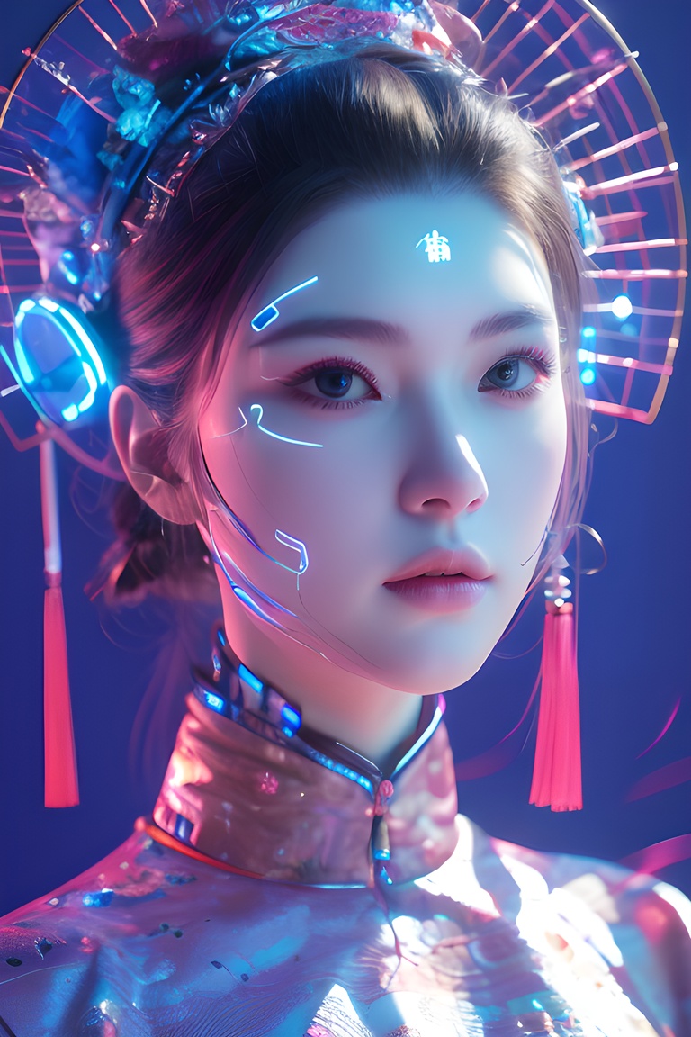 light pink,colorful,dopamine, neon lights, Cyberpunk beauty ,Chinese fan,<lora:20240218-1708234260649:0.7>, <lora:lora_美女大胸写实:0.4>, <lora:meinv123:0.6>