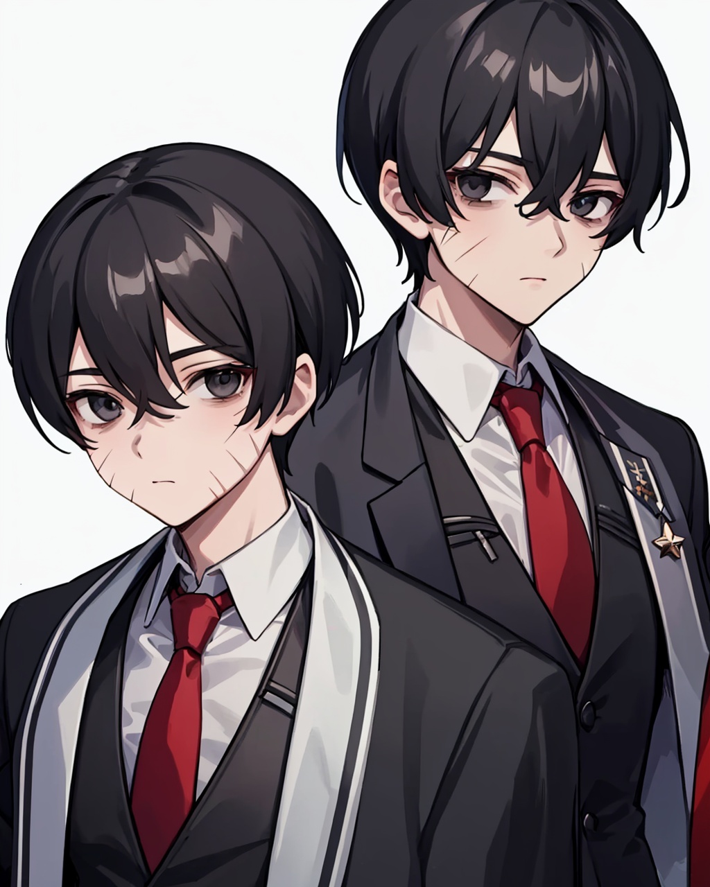 masterpiece,best quality, highly detailed, yi sang (project moon), 2boys, white background, red necktie, simple background, male focus, white shirt, formal, collared shirt, suit, closed mouth, star (symbol), looking at viewer, scar on face, jacket,<lora:yi_sang_(project_moon):1>