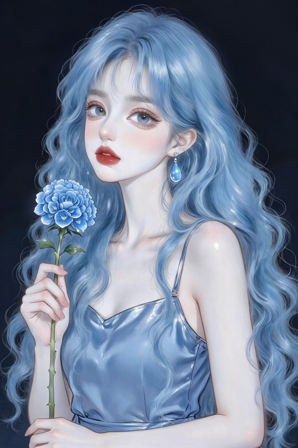 一位美丽的年轻女子,  有着长长的,  冰冷的蓝色卷发 by 小狗宾利 on Tensor.Art