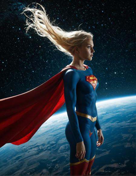masterpiece,high quality,8k,(from side),photo,realistic,realistic skin,pores, 1girl, supergirl,dc_comics,cape,costume,blonde hair,flying in the sky,planets,universe,stars,flowing cape,cinematic,volumetric lighting,dramatic lighting,night,dimly lit,film grain
