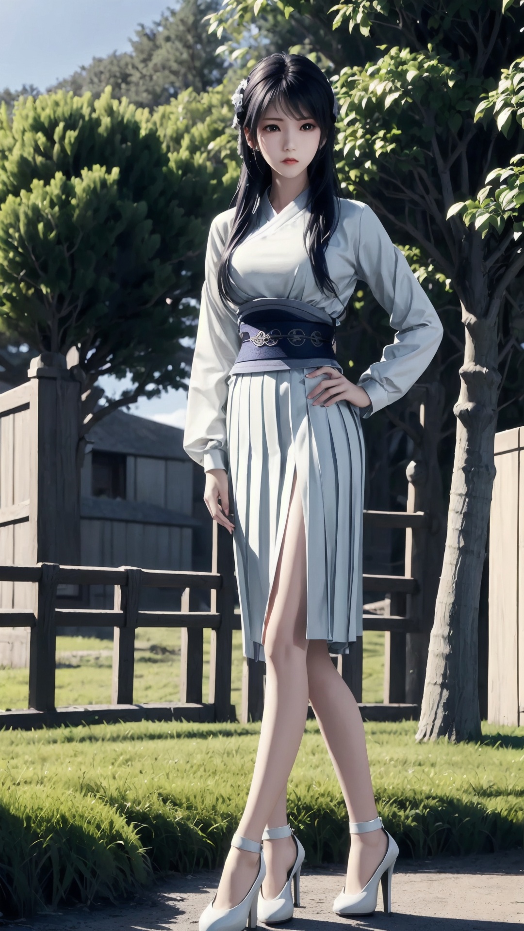 The image shows a young woman standing in a park-like setting with trees and buildings in the background. She is wearing a traditional Japanese outfit, consisting of a white blouse with a blue belt and a black and white striped skirt. The blouse has a high neckline and long sleeves, and the skirt has a pleated design. She has long black hair styled in loose waves and is wearing white high heels. The woman is standing with her hands on her hips and is looking off to the side with a serious expression on her face. The sky is blue and the overall mood of the image is peaceful and serene..,<lora:1.5端木蓉(6):0.8>,