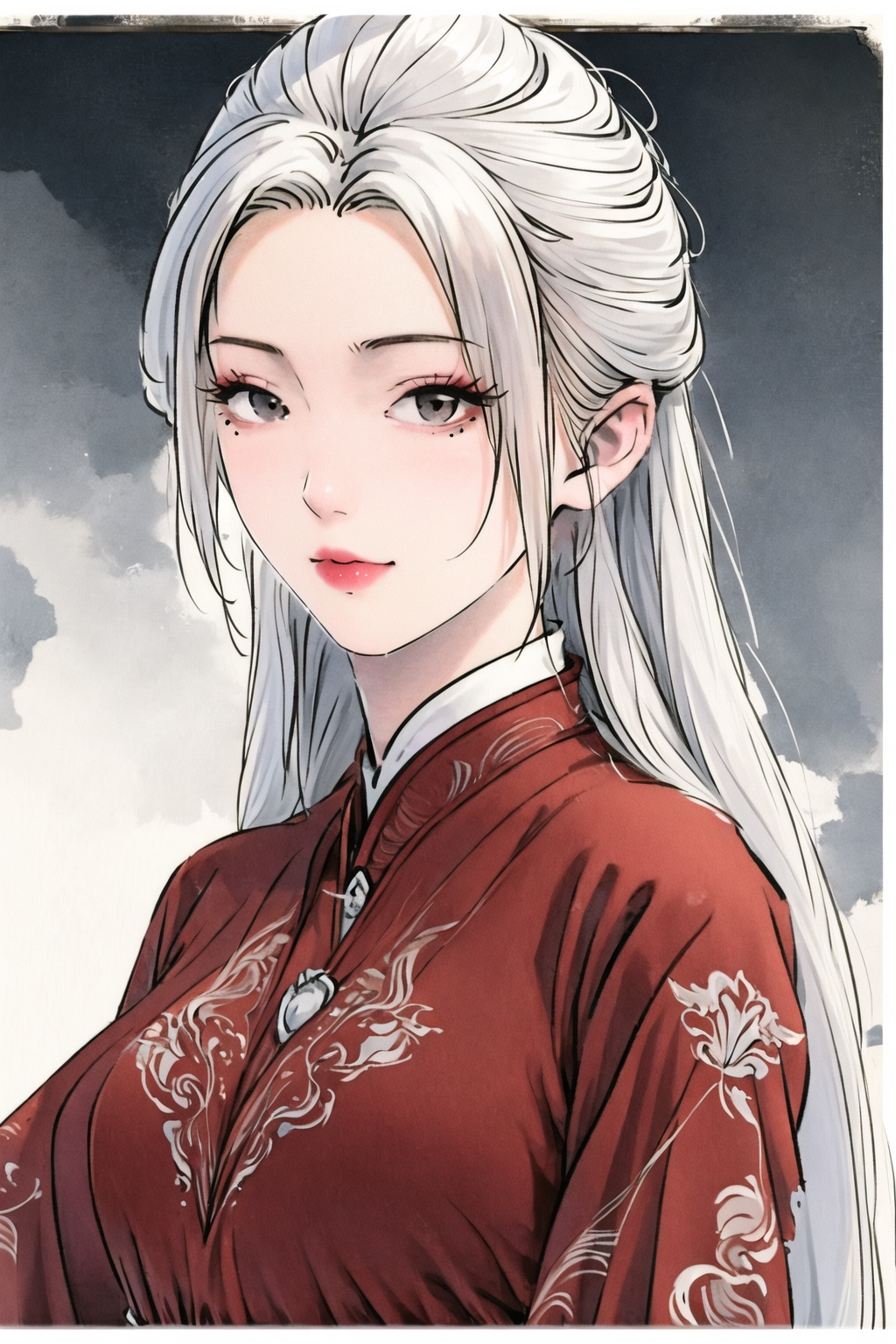 1girl,solo,looking at viewer,long hair,upper body,white hair,chinese clothes,grey eyes,grey hair,closed mouth,lips,mole under eye,makeup,torn clothes,<lora:gufeng5:1>,