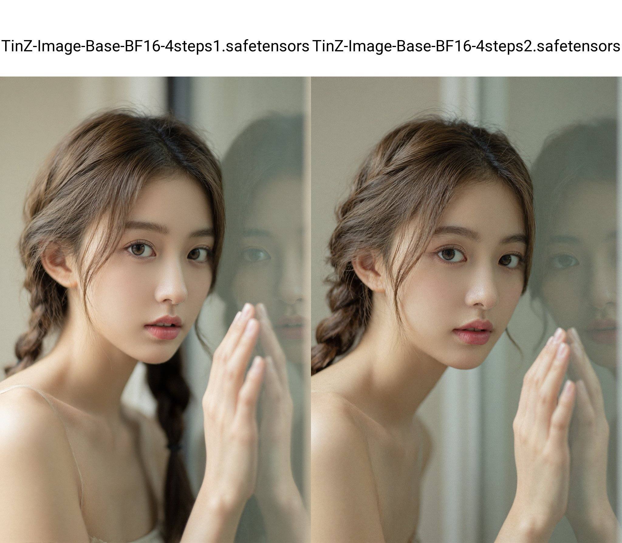 一位看似二十出头的东亚裔年轻女子，目光温柔地直视着观者。她肤色白皙，面容细腻。浅棕色的头发编成辫子垂在一侧，几缕碎发轻柔地垂落在脸颊两侧，微微卷曲。她的眼睛是温暖的淡褐色，在柔和的高光映衬下更显明亮动人。她的嘴唇是自然的粉红色，微微张开。她倚靠在一块玻璃上，一只手轻轻地触碰着玻璃表面。玻璃反射出她脸部的部分影像，为画面增添了层次感。场景似乎是在室内，背景是柔和的中性色调，可能是一扇窗户或一面极简主义风格的墙壁，干净的背景衬托出她的容貌。柔和的漫射光投射出淡淡的阴影，营造出梦幻般的空灵氛围。整体氛围宁静、私密，略带一丝淡淡的忧伤，引人沉思冥想。