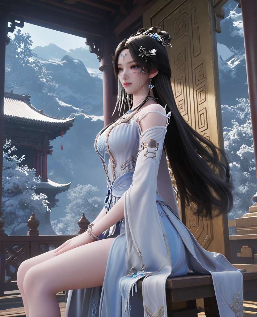 (oriental architecture, elegant decor, sophisticated style:1.1),(Sitting on a swing with legs extended, looking back,:1.1),(breasts:1.2),<lora:XL16遮天安妙依:0.95>,miss anmiaoyi,white sheer fabric dress,light blue camisole,blue eyes,chain drop veil,forehead pendan,black hair,traditional chinese updo with long front strands,very long hair,hair ornament,jewelry,sash,light blue petticoat,, score_9,score_8_up,score_7_up,score_6_up,score_5_up,score_4_up,3d rendering,tag1,tag2, Cinematic Lighting,backlighting,